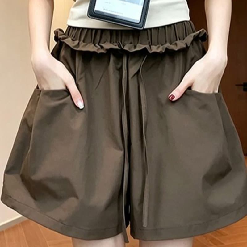 3 차원 허리 커피 색상 꽃밭 주름 허리 반바지 여름 하이웨이스트 루즈핏 느긋한 캐주얼 얇고 가벼운 3 점 넓은 다리 치마바지 이미지 5