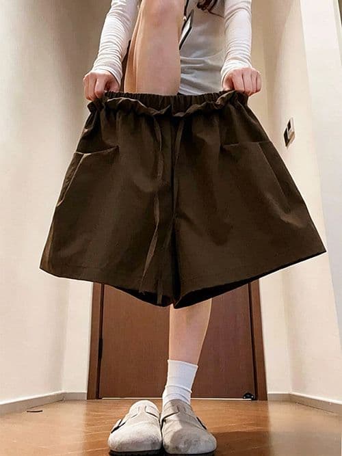 한 부서 커피 색상 프릴 꽃밭 운동 반바지 여성 펌프 로프 빅 포켓 넓은 다리 3 점 워크웨어 팬츠