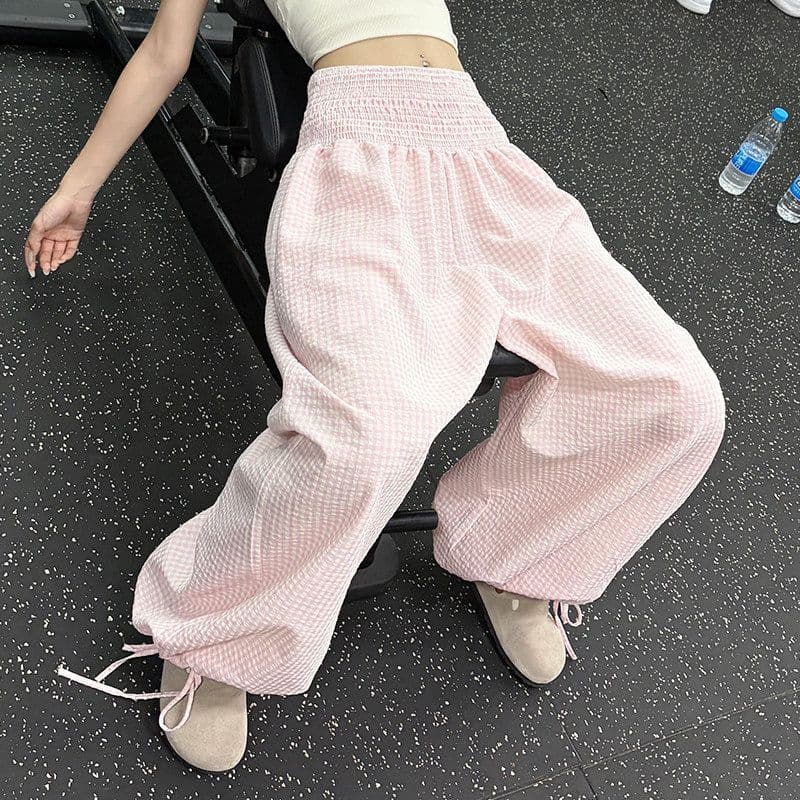 일본식 디자인 센스 핑크색 체크무늬 와이드 레깅스 바지 여름 2026 신제품 하이웨이스트 루즈핏 슬림해 보이는 얼음 실크 배기 바지 이미지 2