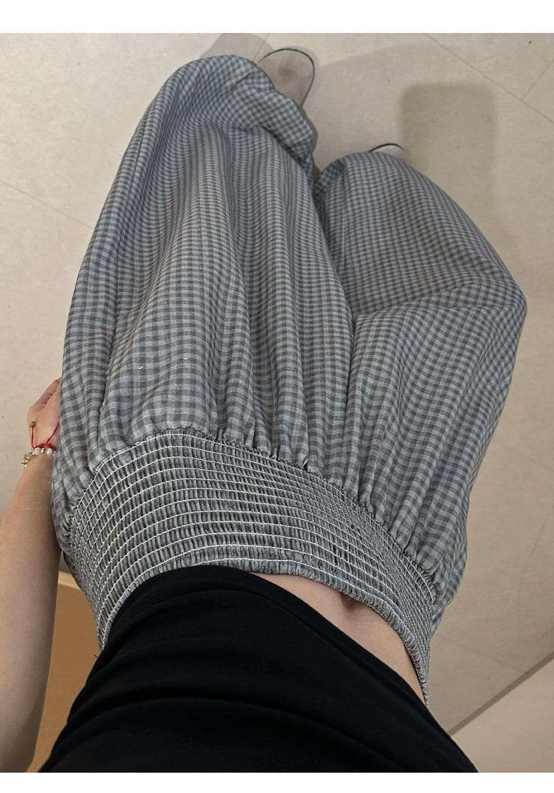 회색 체크무늬 금액 센스 배기 바지 여성 여름 얇은 스타일 작은 키 루즈핏 조거 와이드 레그 팬츠 허리밴드 꽃밭 바지 상세 이미지 11