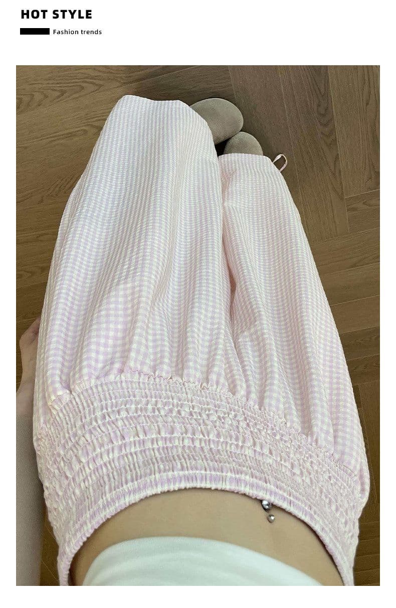회색 체크무늬 금액 센스 배기 바지 여성 여름 얇은 스타일 작은 키 루즈핏 조거 와이드 레그 팬츠 허리밴드 꽃밭 바지 상세 이미지 16