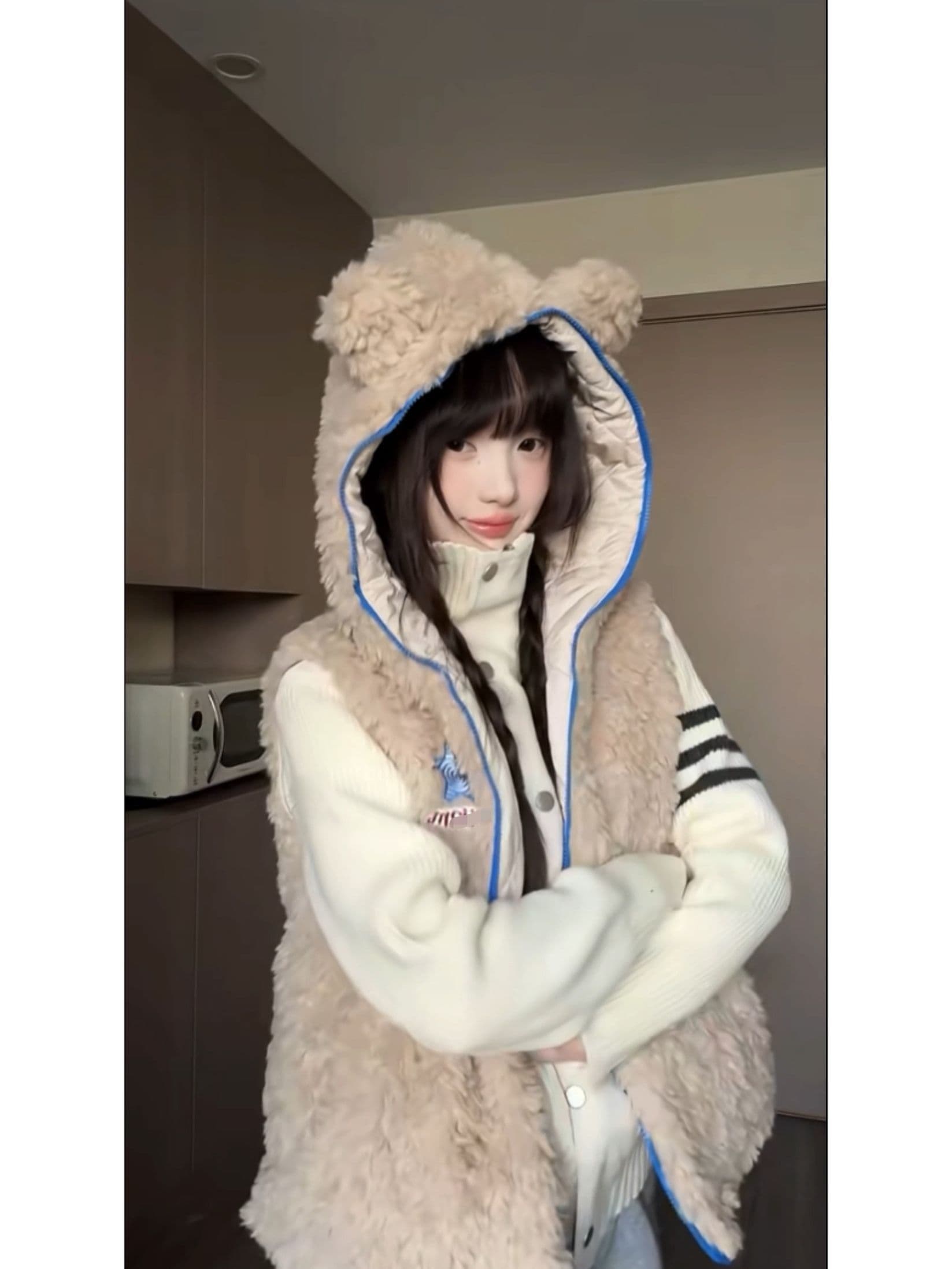 솜을 넣은 후드 작은 곰 귀 베스트 조끼 여성 2026 새로운 올해 인기 폭발 슈퍼 잘 생긴 재킷 상세 이미지 4