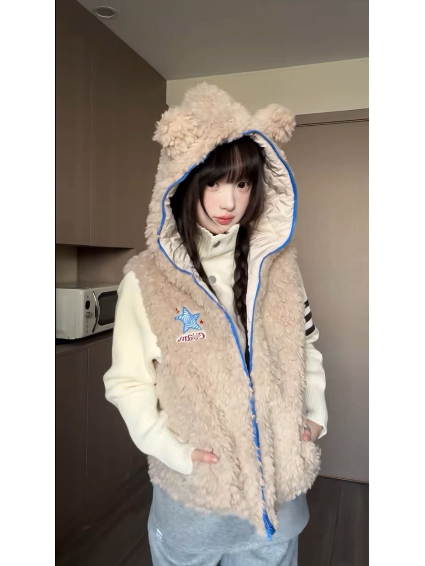 솜을 넣은 후드 작은 곰 귀 베스트 조끼 여성 2026 새로운 올해 인기 폭발 슈퍼 잘 생긴 재킷 상세 이미지 5