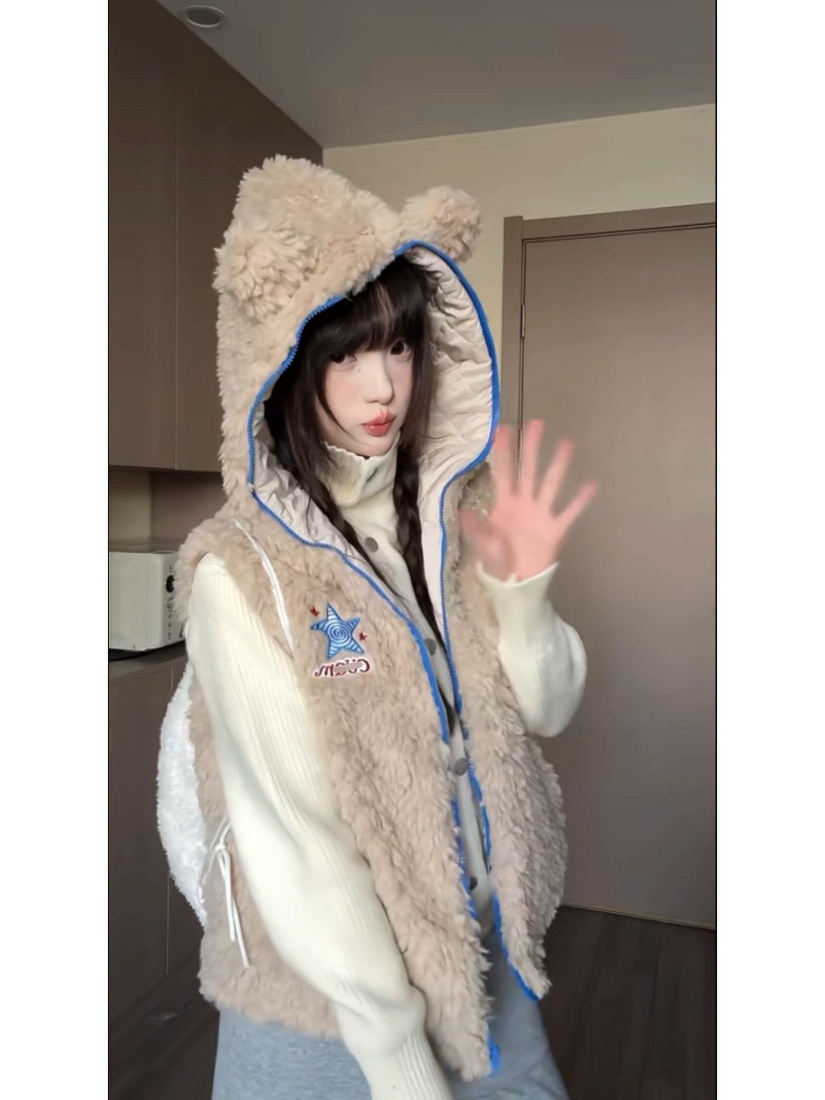 솜을 넣은 후드 작은 곰 귀 베스트 조끼 여성 2026 새로운 올해 인기 폭발 슈퍼 잘 생긴 재킷 상세 이미지 6