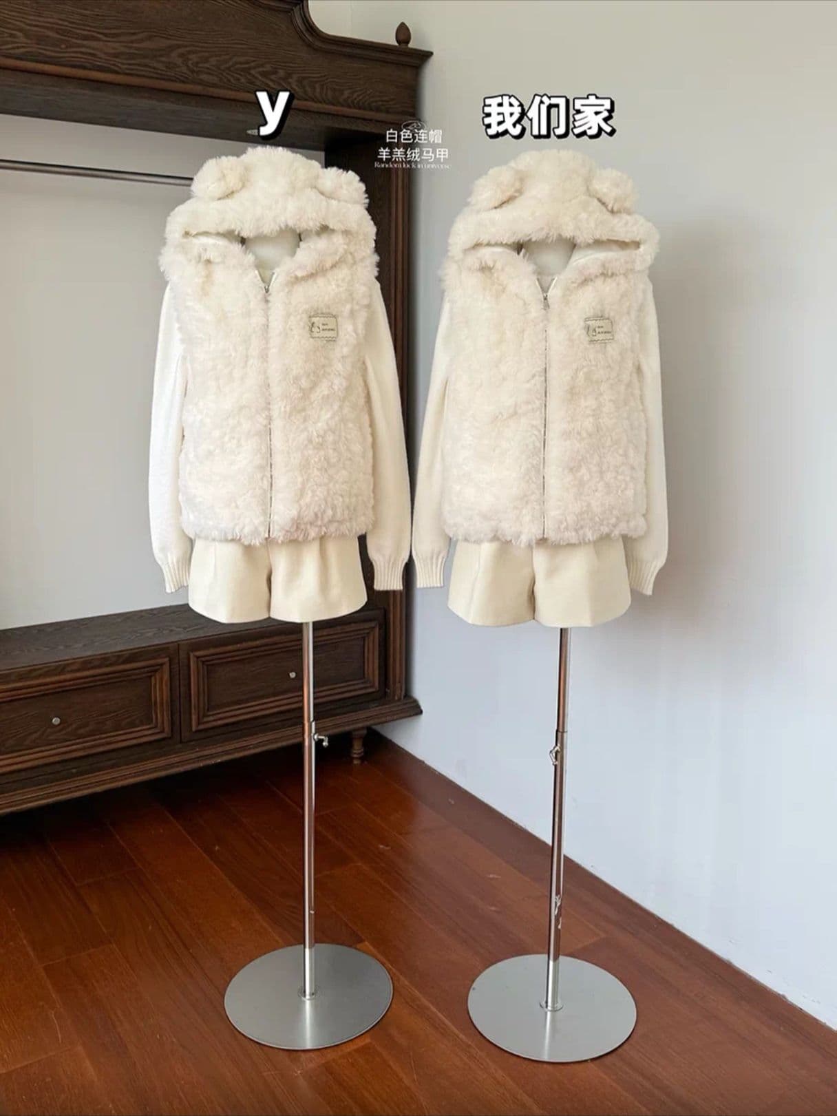환경 보호 토끼털 화이트 후드 솜을 넣은 베스트 조끼 여성 가을 겨울 두꺼운 보온 양털 플리스 작은 곰 귀 상세 이미지 3