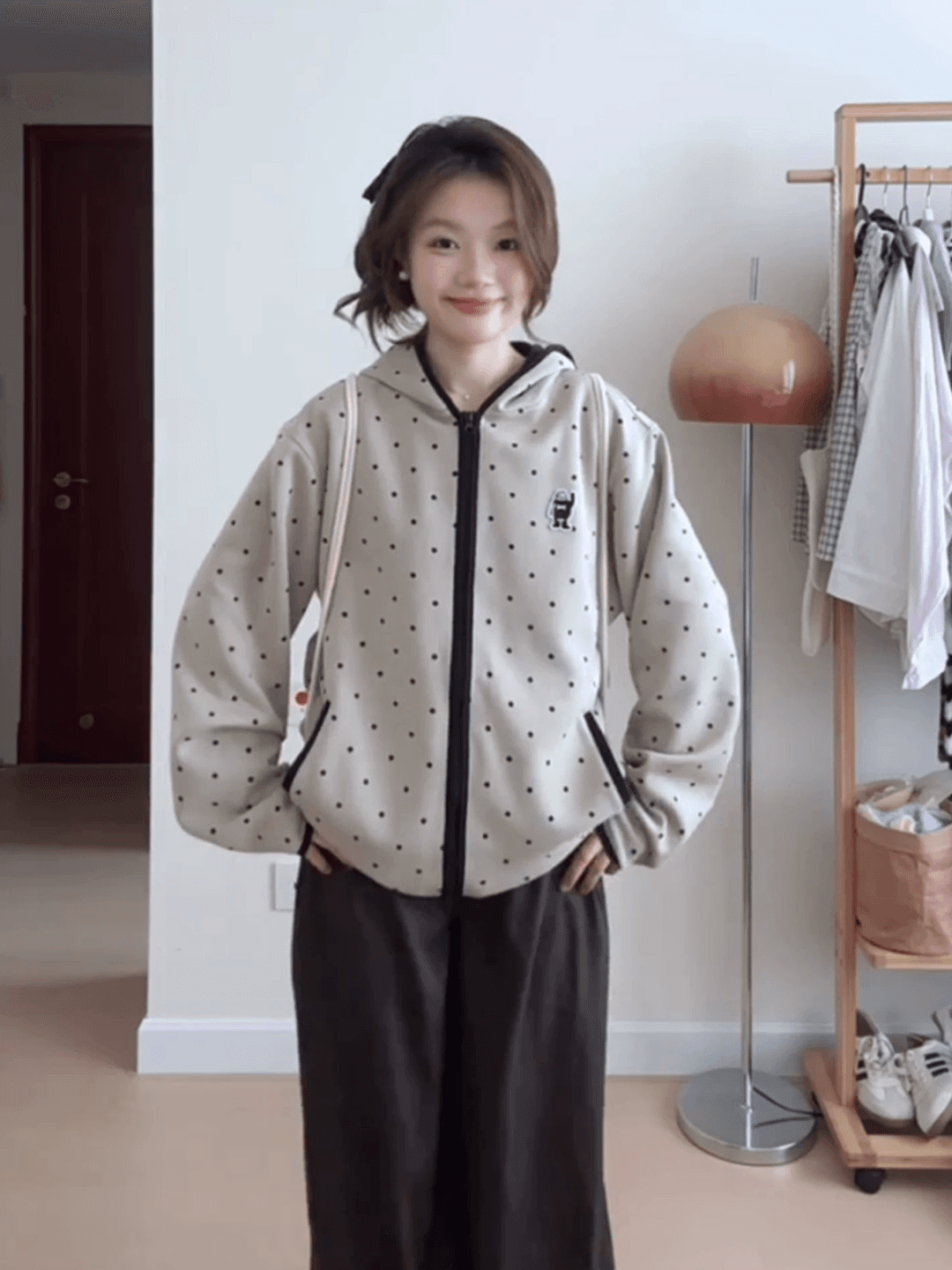 순수한 Mianhua 면 복합 원본 당겨서 측면 도트 무늬 후드 남녀 루즈핏 명중 검은 색 테두리 자수 후드티 재킷 이미지 5