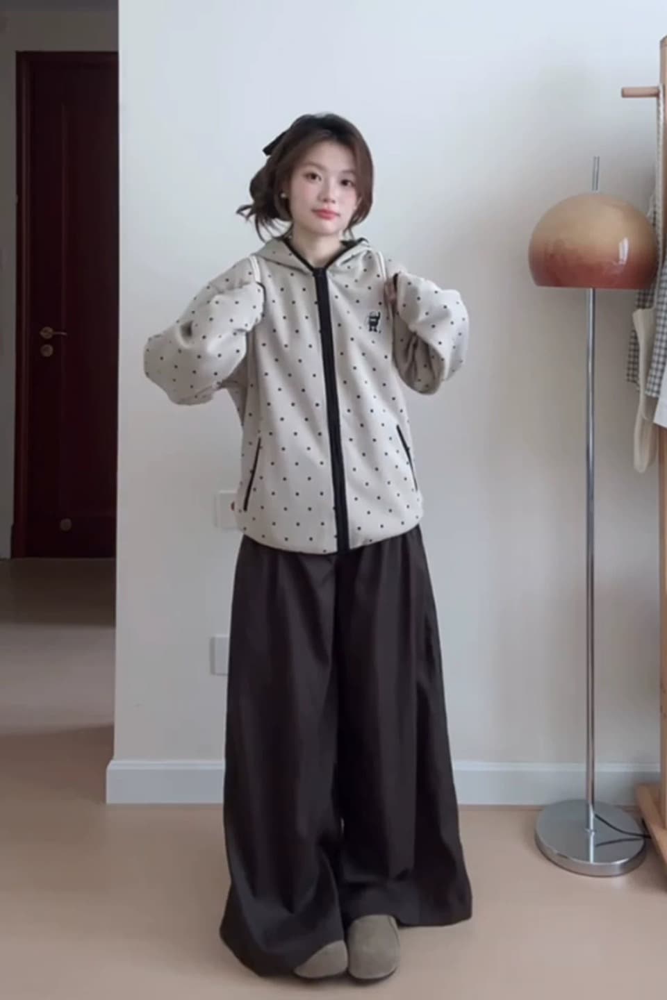 순수한 Mianhua 면 복합 원본 당겨서 측면 도트 무늬 후드 남녀 루즈핏 명중 검은 색 테두리 자수 후드티 재킷 이미지 7