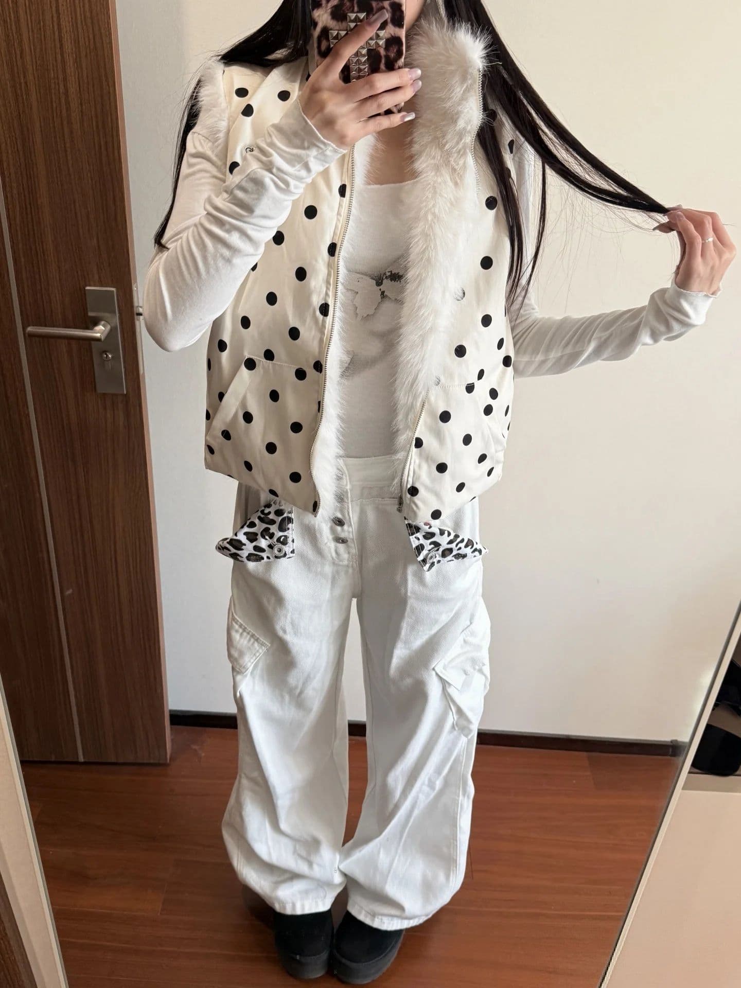 환경 보호 모피 아메리칸 도트 무늬 플리스 플러시 양면 착용 조끼 여자 스탠드 칼라 외부 가져 가라. 스택 착용 민소매 재킷 한국 스타일 트렌디 상세 이미지 11