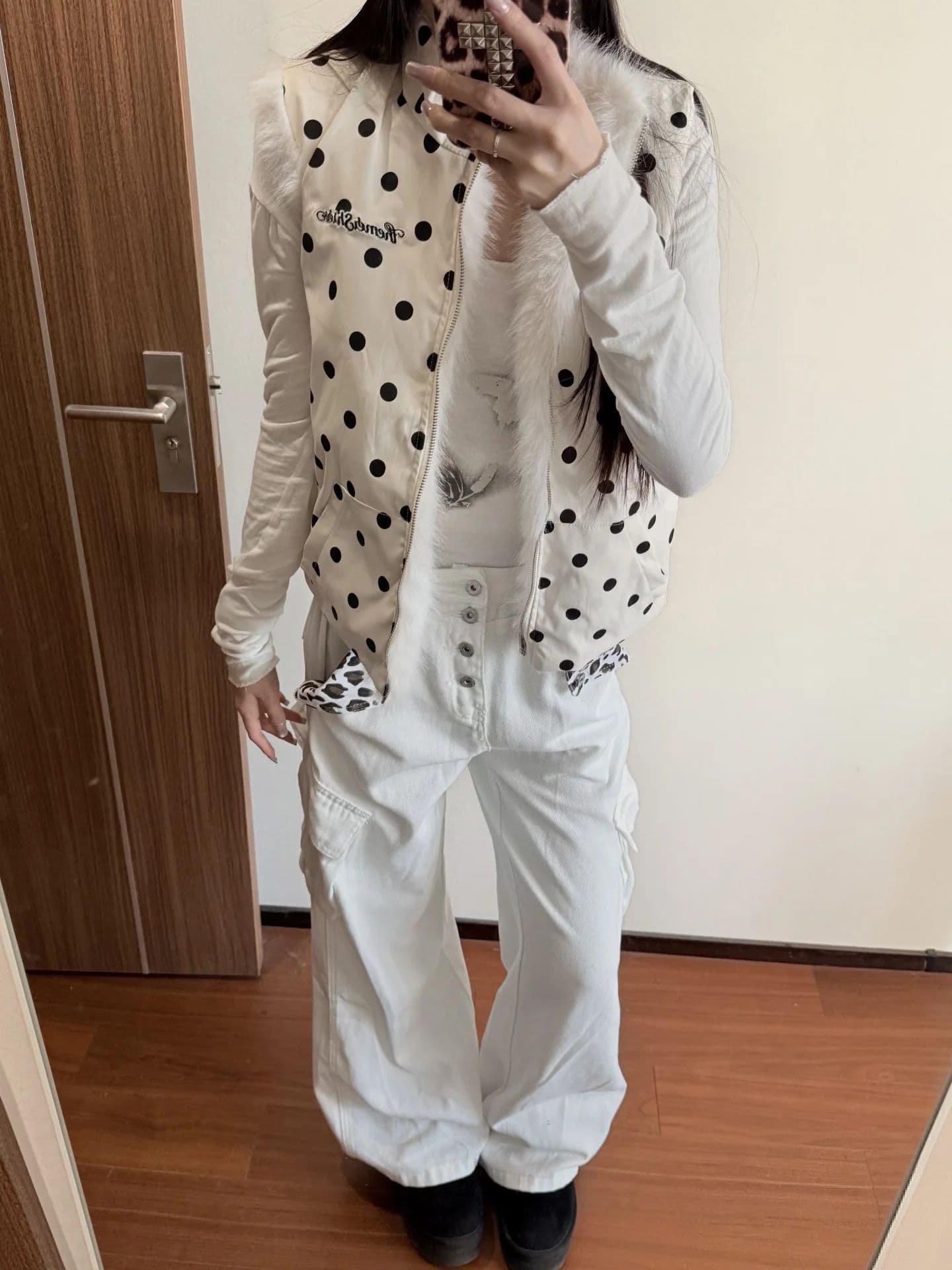 환경 보호 모피 아메리칸 도트 무늬 플리스 플러시 양면 착용 조끼 여자 스탠드 칼라 외부 가져 가라. 스택 착용 민소매 재킷 한국 스타일 트렌디 이미지 5