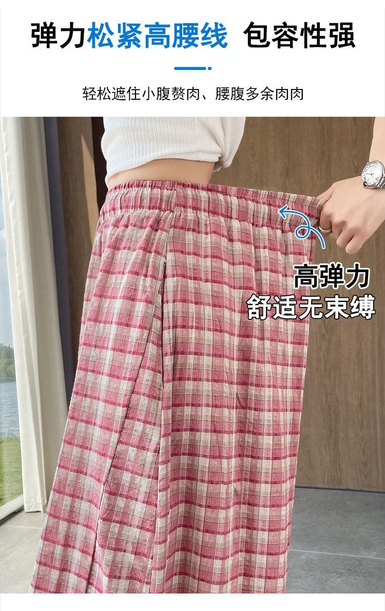 한국 스타일 레트로 배색 체크무늬 바지 여성 여름 흐름 지불 작은 키 캐주얼 슬림해 보이는 모통이 칼 넓은 다리 풍선 바지 상세 이미지 12