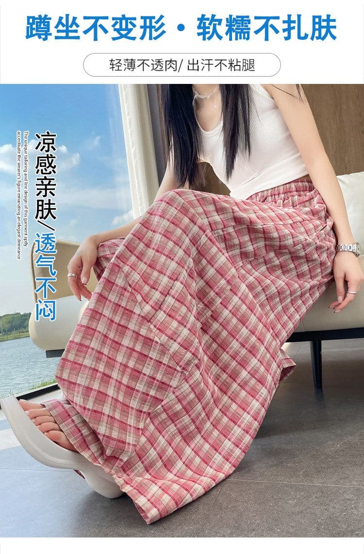 한국 스타일 레트로 배색 체크무늬 바지 여성 여름 흐름 지불 작은 키 캐주얼 슬림해 보이는 모통이 칼 넓은 다리 풍선 바지 상세 이미지 14