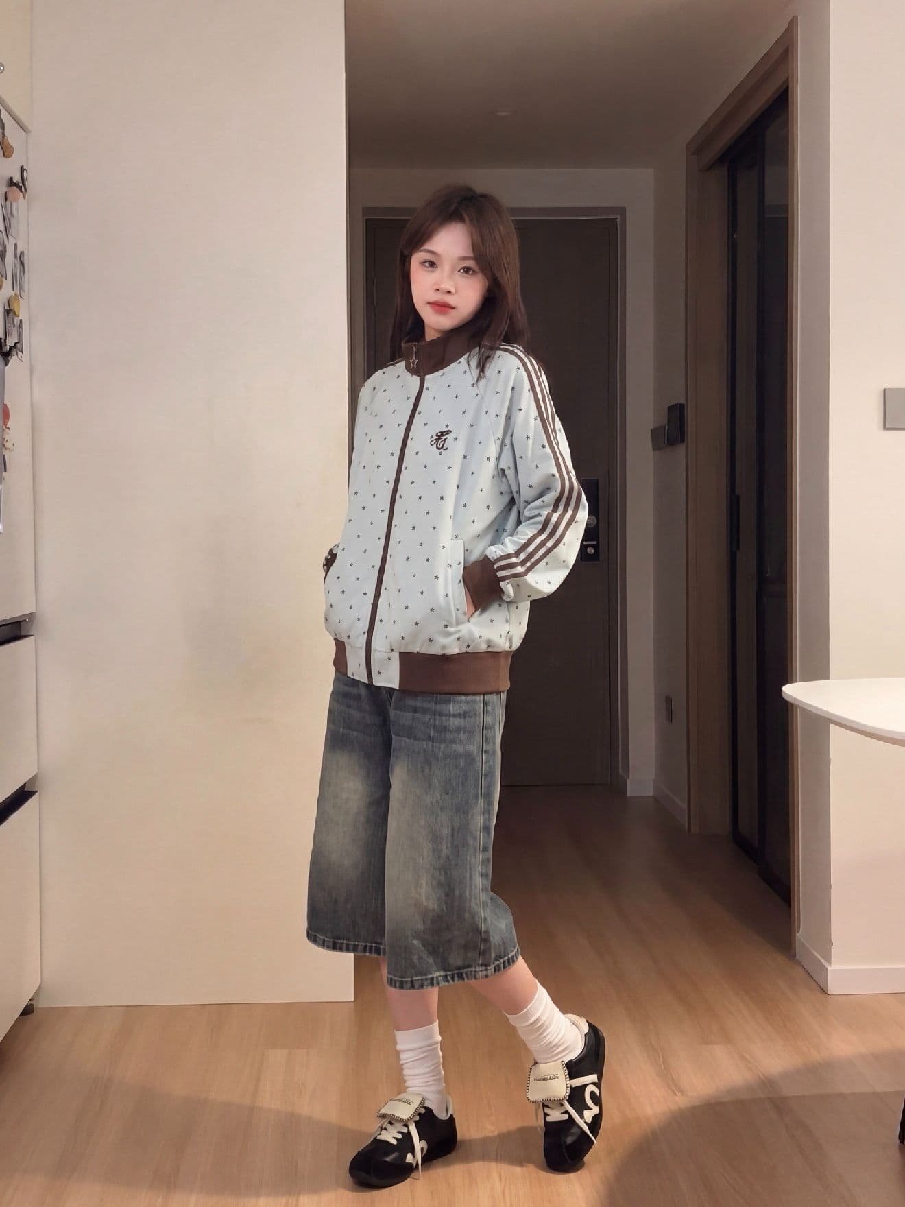 eggsays 이른 가을 별 셔틀 제직 여성 코트 아메리칸 레트로 3개 바 루즈핏 스탠드 칼라 캐주얼 운동 재킷 이미지 5