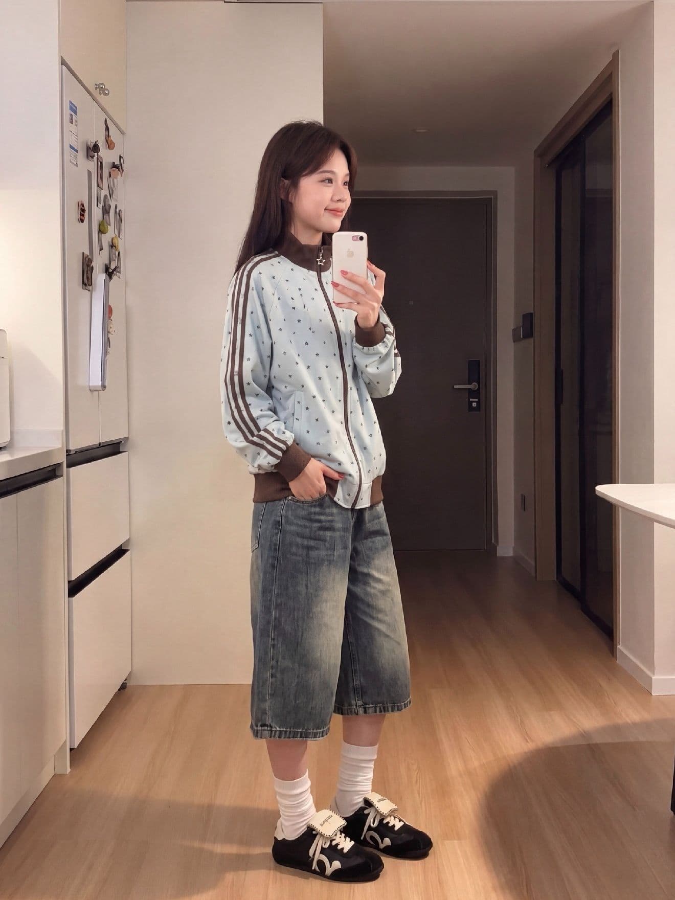 eggsays 이른 가을 별 셔틀 제직 여성 코트 아메리칸 레트로 3개 바 루즈핏 스탠드 칼라 캐주얼 운동 재킷 이미지 3
