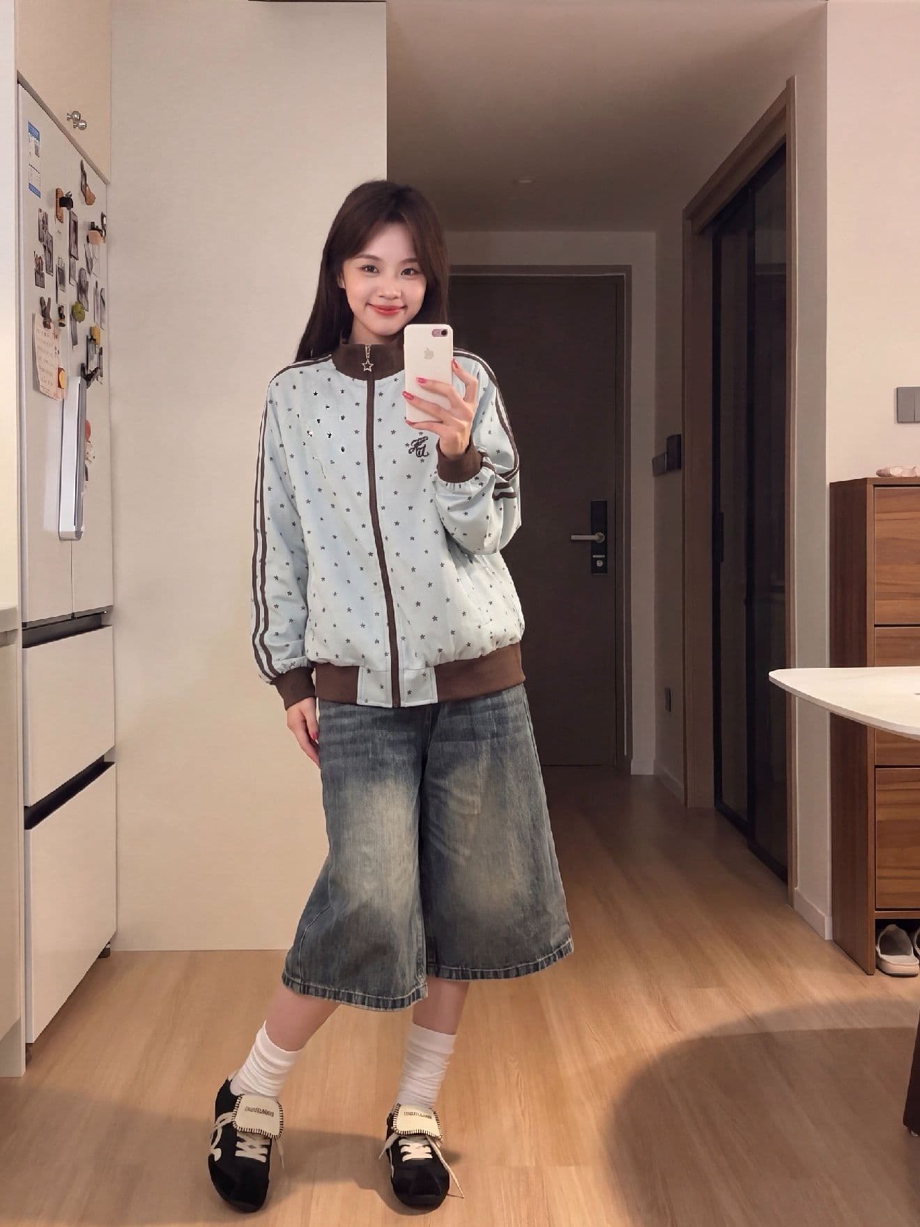 eggsays 이른 가을 별 셔틀 제직 여성 코트 아메리칸 레트로 3개 바 루즈핏 스탠드 칼라 캐주얼 운동 재킷 이미지 4