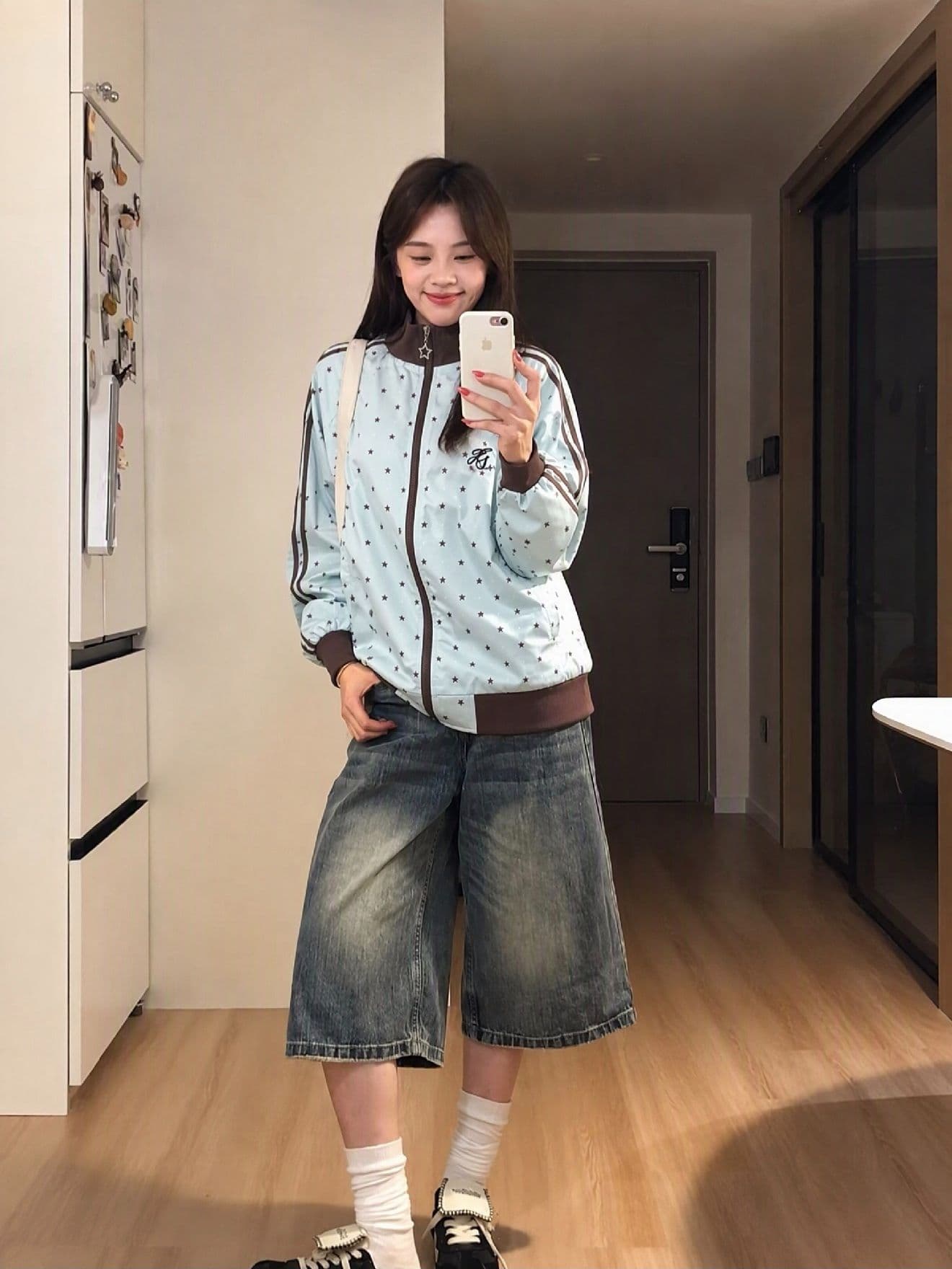 eggsays 이른 가을 별 셔틀 제직 여성 코트 아메리칸 레트로 3개 바 루즈핏 스탠드 칼라 캐주얼 운동 재킷 상세 이미지 3