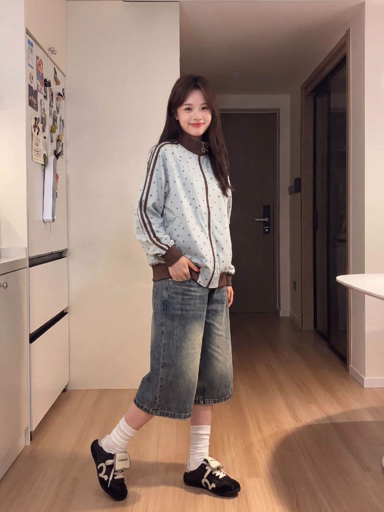 eggsays 이른 가을 별 셔틀 제직 여성 코트 아메리칸 레트로 3개 바 루즈핏 스탠드 칼라 캐주얼 운동 재킷 상세 이미지 6