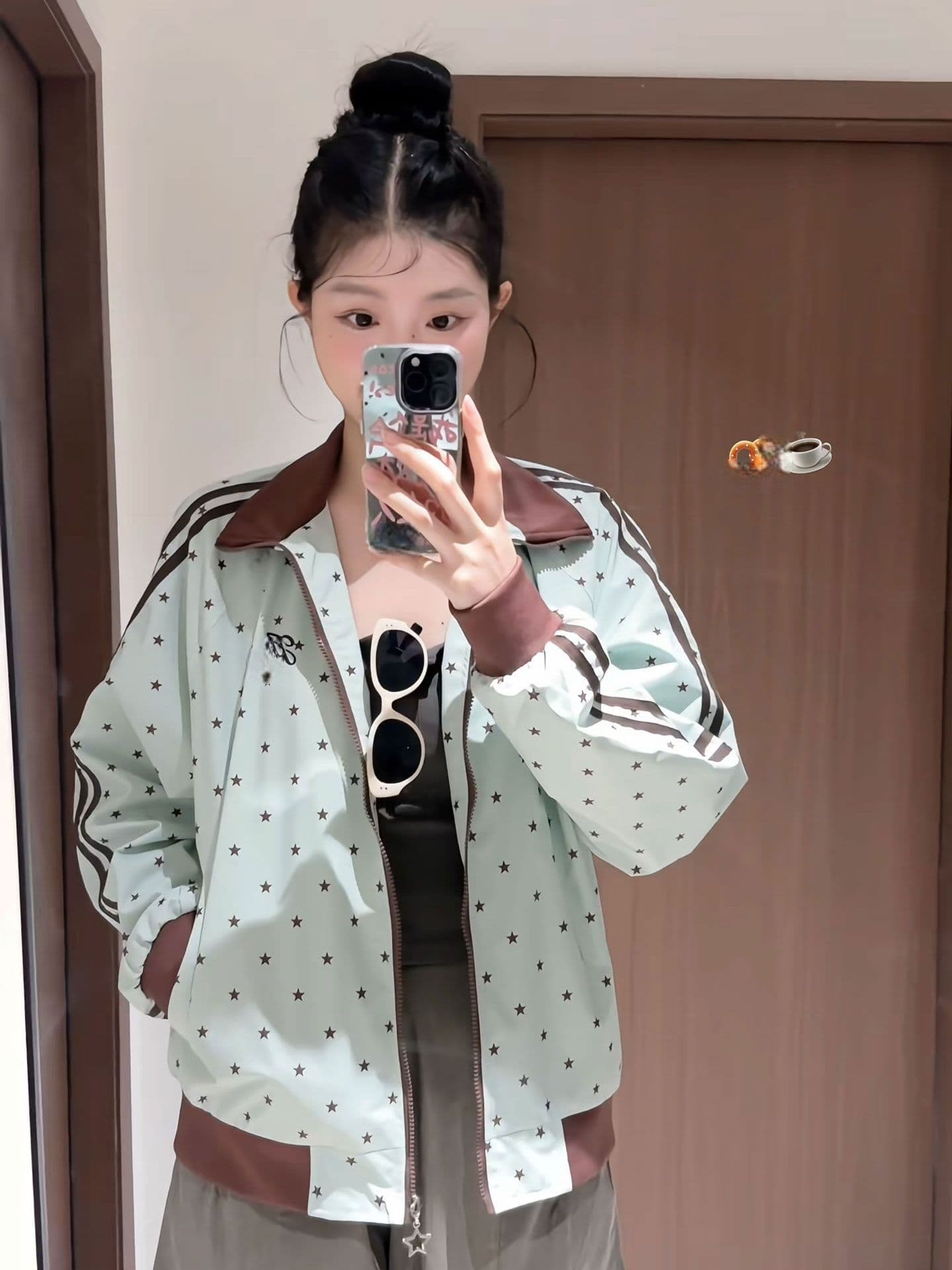 eggsays 이른 가을 별 셔틀 제직 여성 코트 아메리칸 레트로 3개 바 루즈핏 스탠드 칼라 캐주얼 운동 재킷 이미지 3