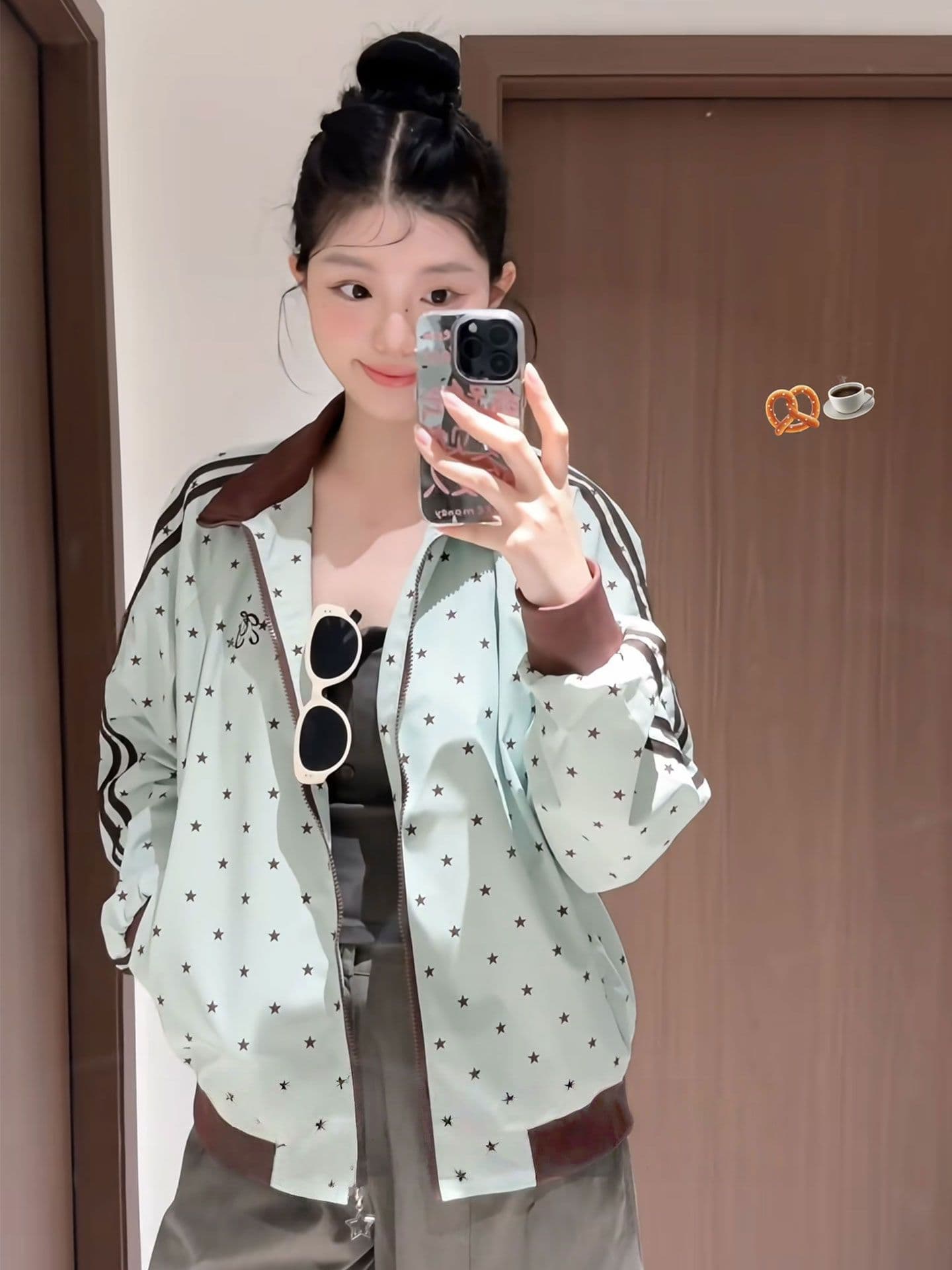 eggsays 이른 가을 별 셔틀 제직 여성 코트 아메리칸 레트로 3개 바 루즈핏 스탠드 칼라 캐주얼 운동 재킷 이미지 5