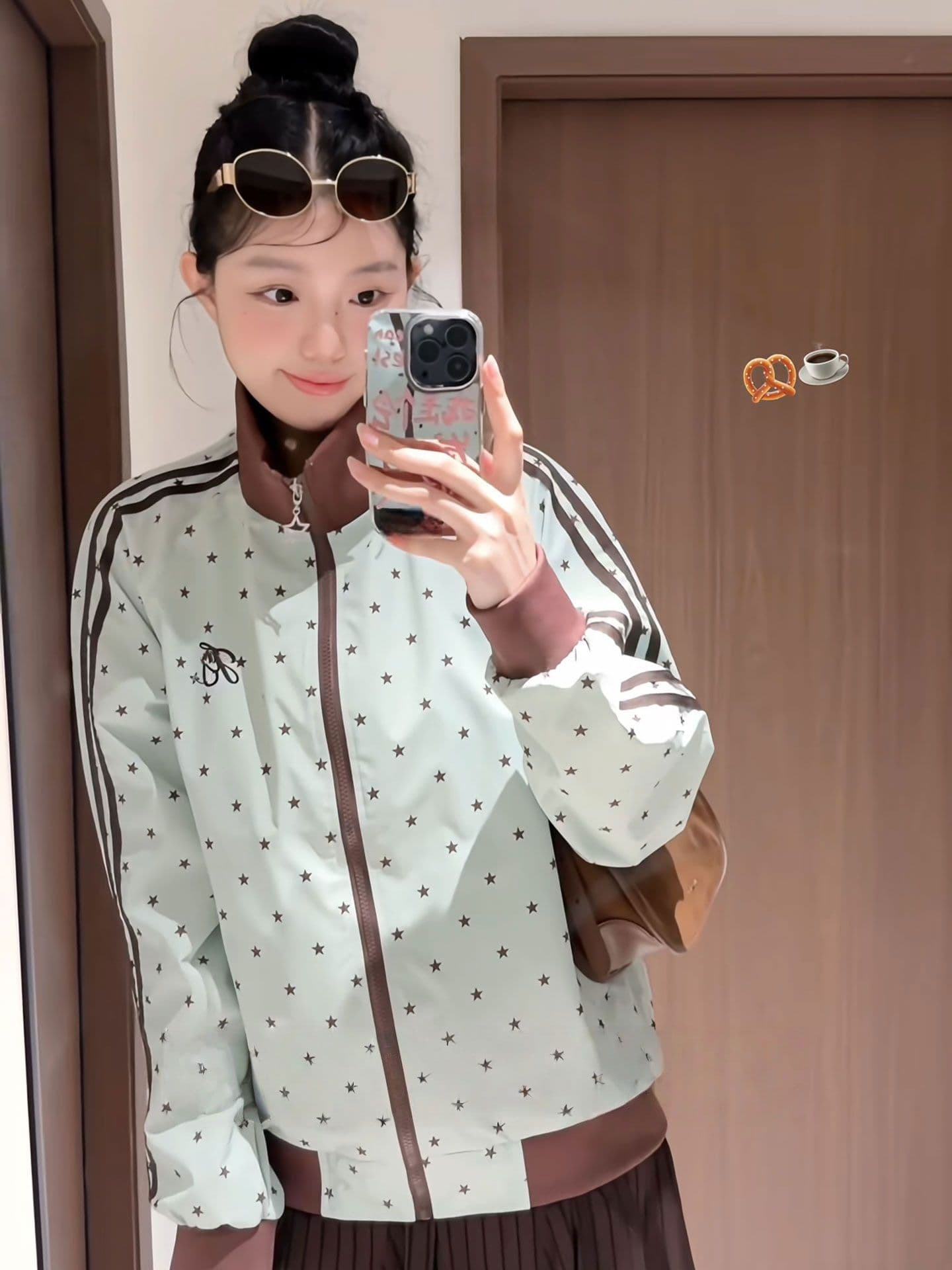 eggsays 이른 가을 별 셔틀 제직 여성 코트 아메리칸 레트로 3개 바 루즈핏 스탠드 칼라 캐주얼 운동 재킷 상세 이미지 3