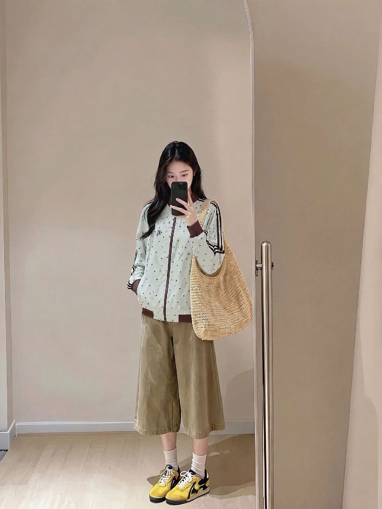eggsays 이른 가을 별 셔틀 제직 여성 코트 아메리칸 레트로 3개 바 루즈핏 스탠드 칼라 캐주얼 운동 재킷 상세 이미지 3