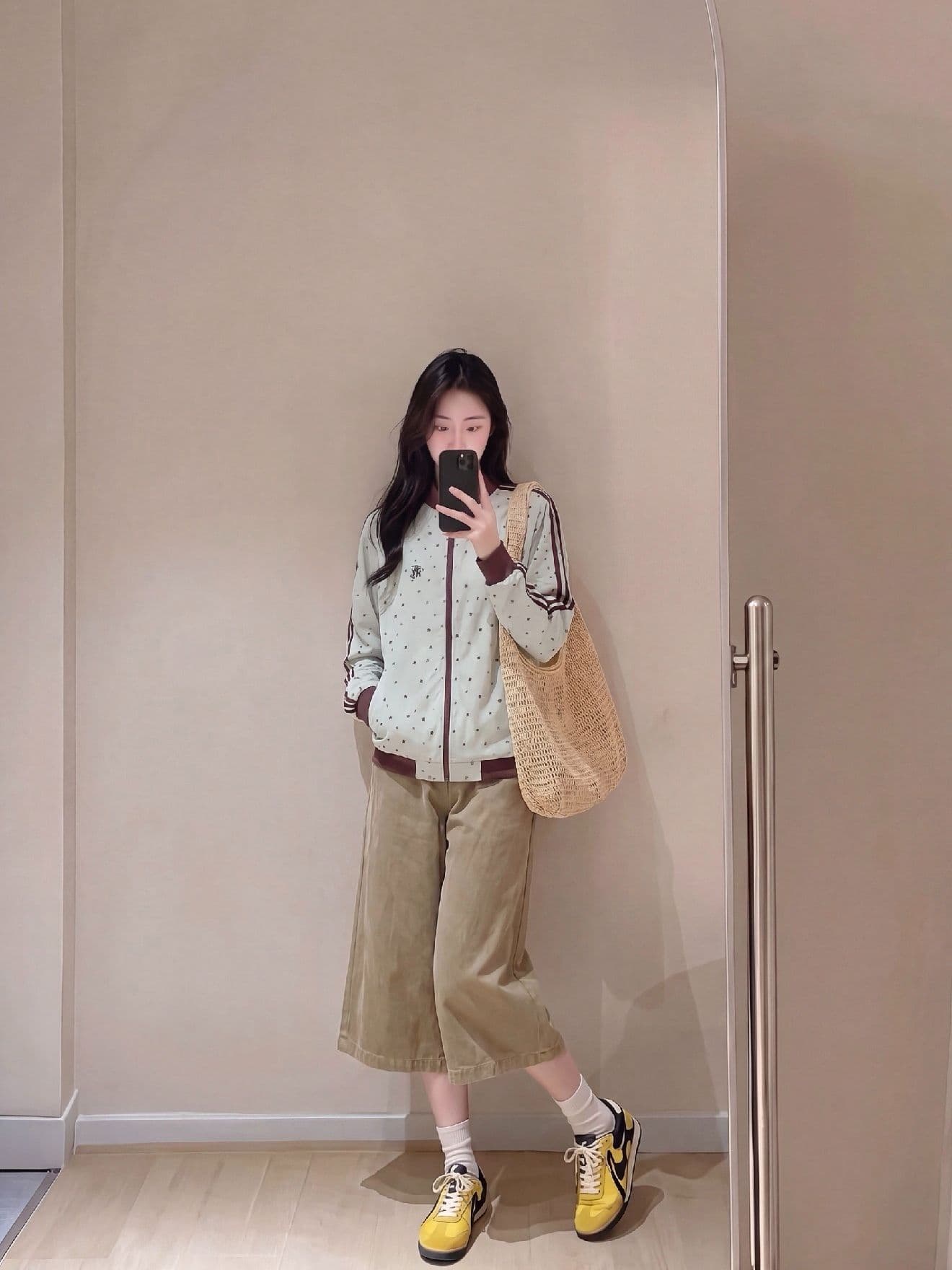 eggsays 이른 가을 별 셔틀 제직 여성 코트 아메리칸 레트로 3개 바 루즈핏 스탠드 칼라 캐주얼 운동 재킷 상세 이미지 6
