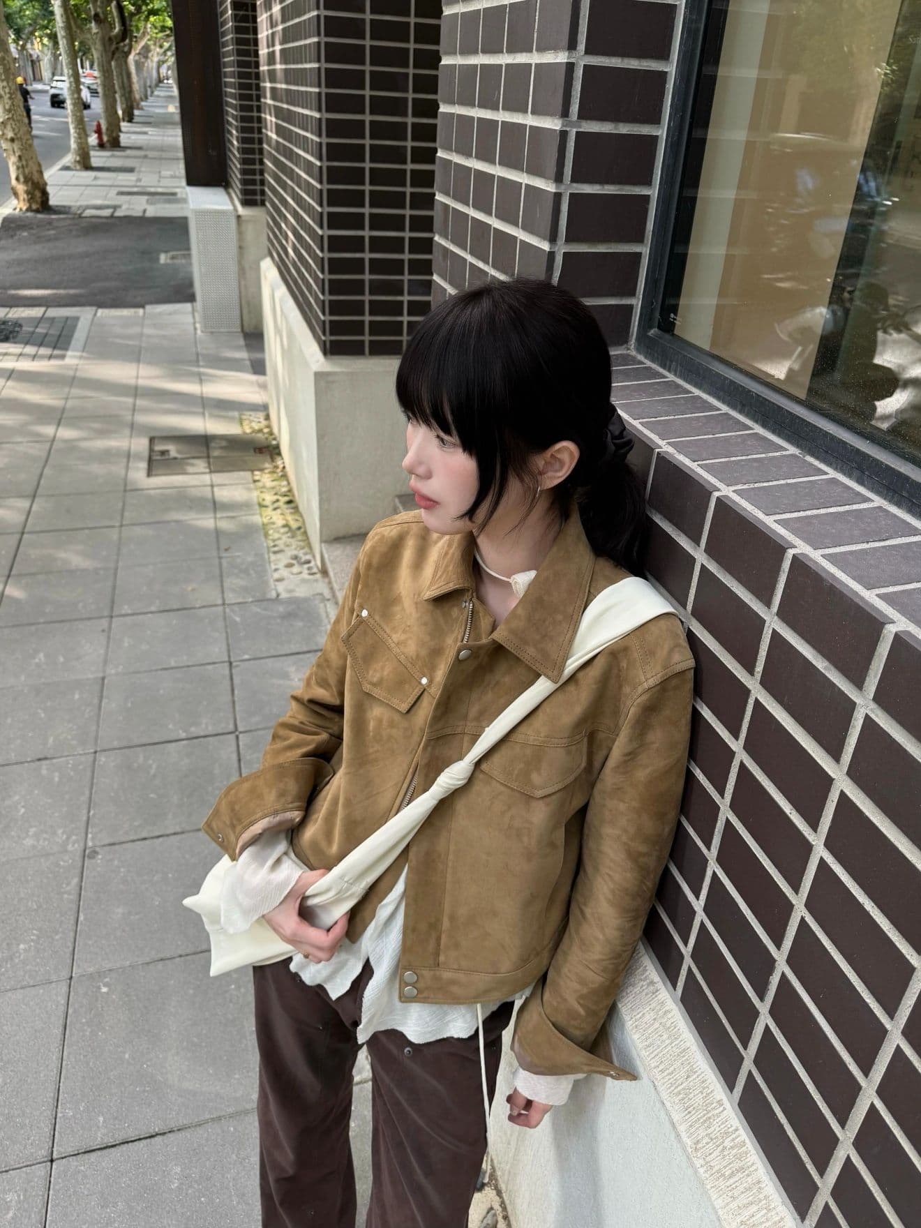 obliviate 하나 잊다 모두 비워 광야 게이머 쇼트 스타일 스웨이드 가죽 재킷 여성 가을 레트로 품격 폴로 칼라 재킷 상세 이미지 3