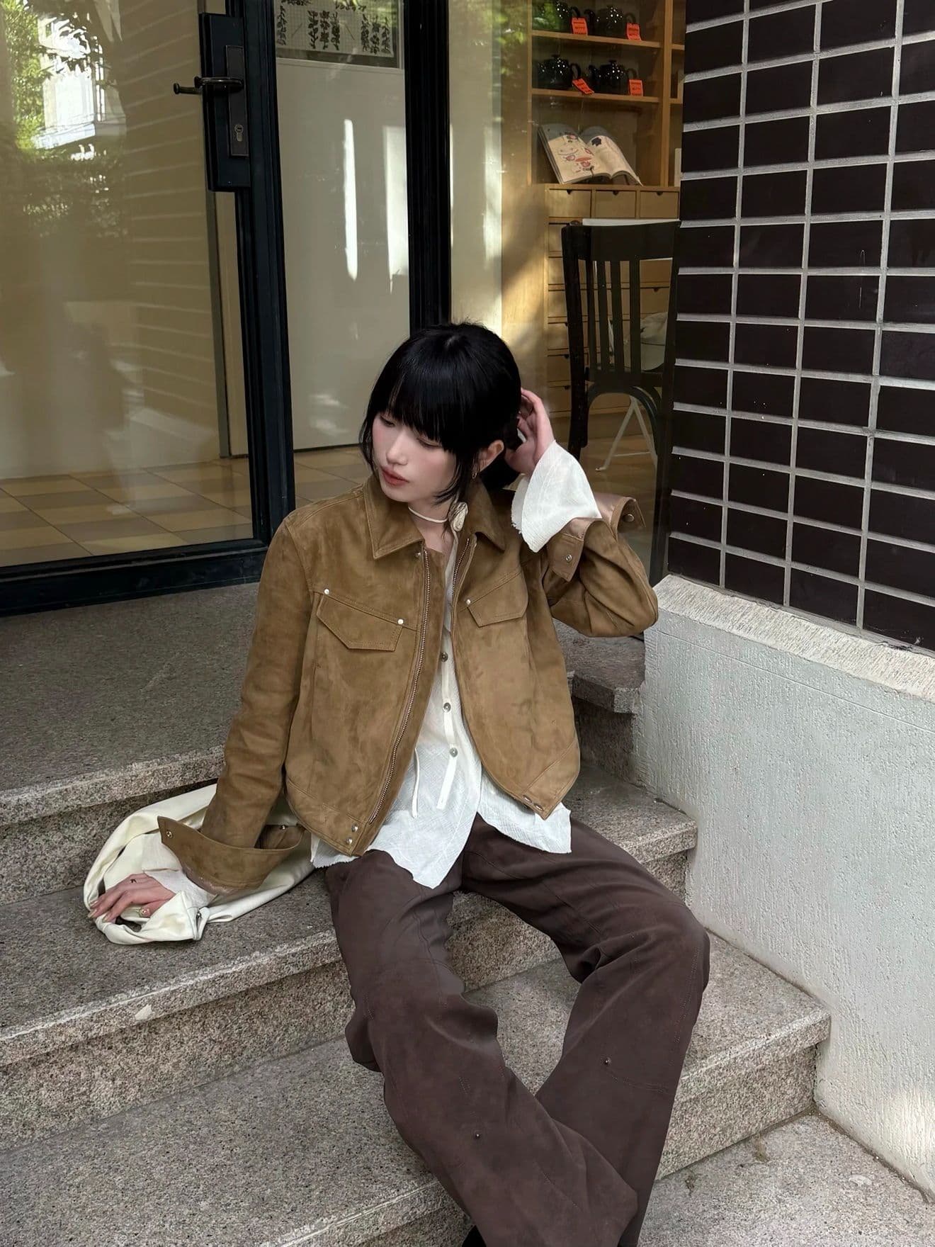 obliviate 하나 잊다 모두 비워 광야 게이머 쇼트 스타일 스웨이드 가죽 재킷 여성 가을 레트로 품격 폴로 칼라 재킷 상세 이미지 6
