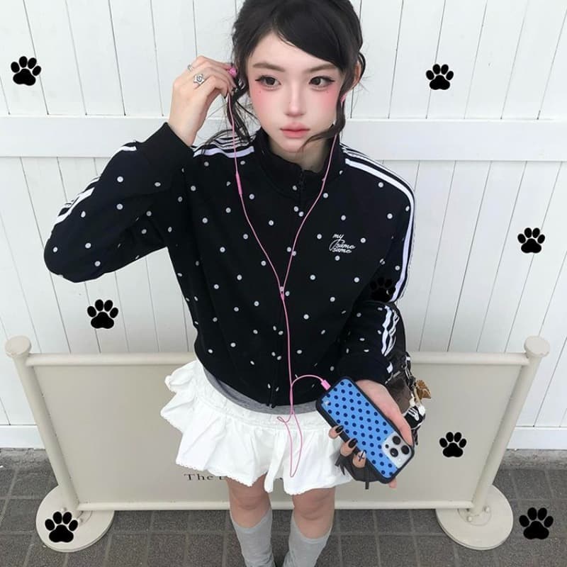후아 면 복합 아메리칸 레트로 도트 무늬 스탠드 칼라 후드티 여성 코트 2026 이른 가을 오픈 가디건 맨위 이미지 5