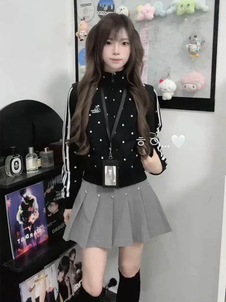 후아 면 복합 아메리칸 레트로 도트 무늬 스탠드 칼라 후드티 여성 코트 2026 이른 가을 오픈 가디건 맨위 이미지 2