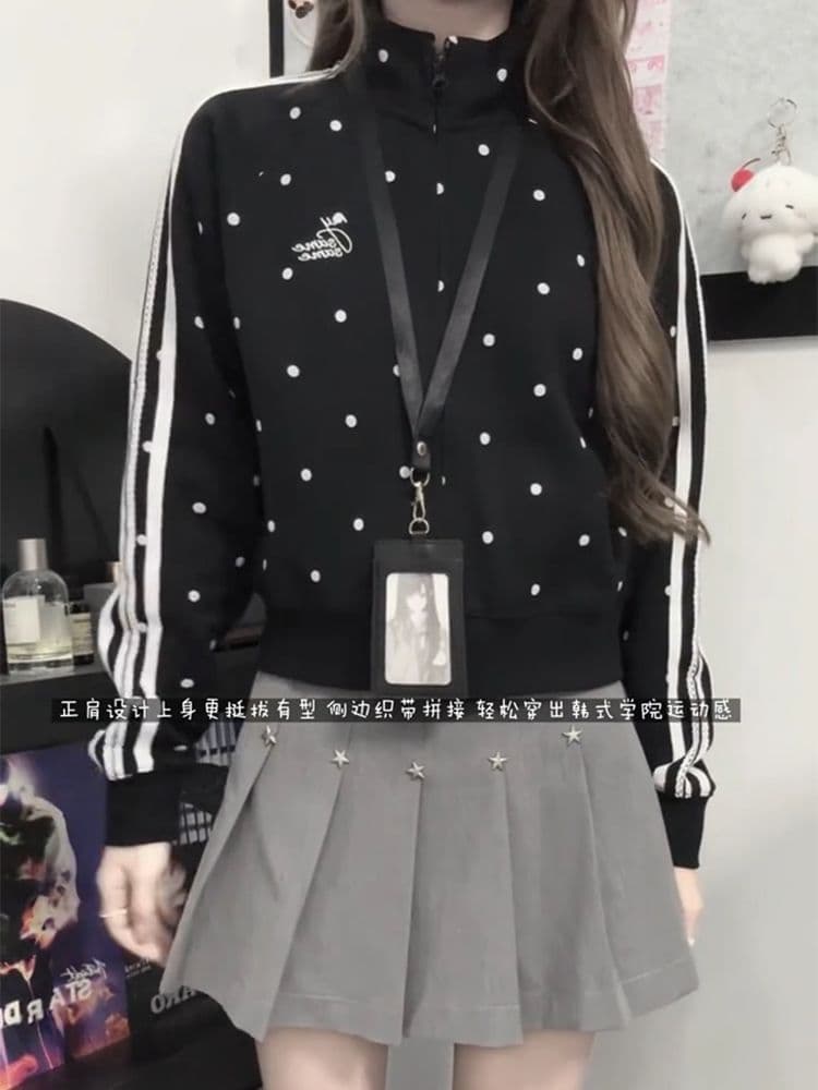 후아 면 복합 아메리칸 레트로 도트 무늬 스탠드 칼라 후드티 여성 코트 2026 이른 가을 오픈 가디건 맨위 상세 이미지 3