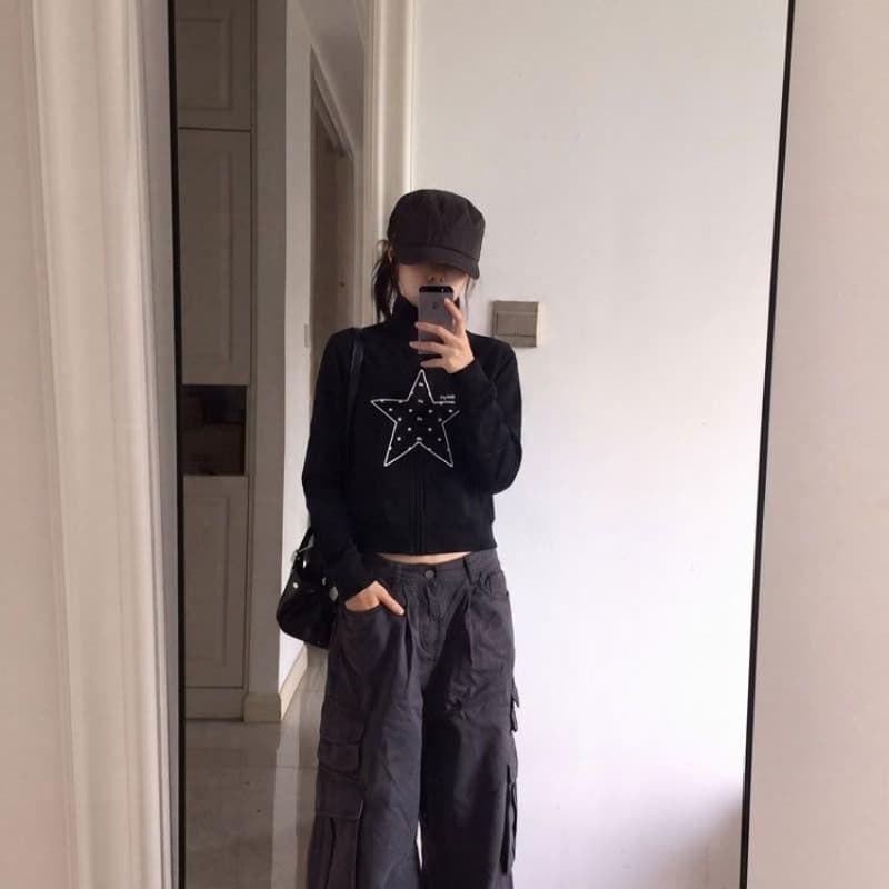 후아 면 복합 레트로 별 프린트 스탠드 칼라 오픈 가디건 후드티 달콤한 차가운 캐주얼 기초 재킷 여성 이미지 5