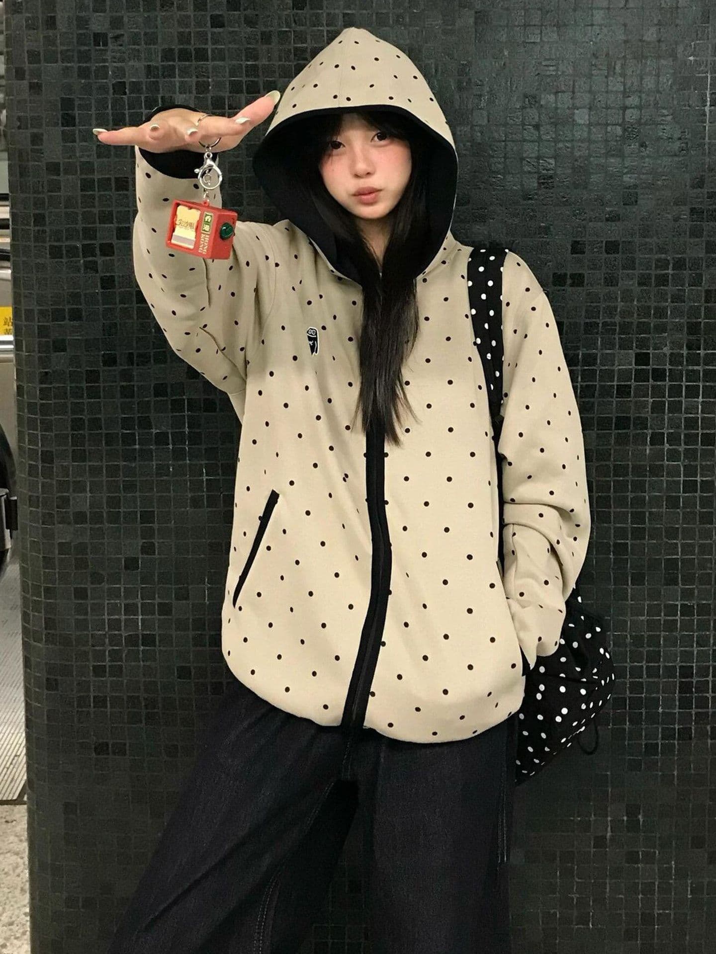 후아 면 복합 2026 도트 무늬 후드 오픈 가디건 남녀 명중 검은 색 테두리 자수 지퍼 후드티 재킷 이미지 3