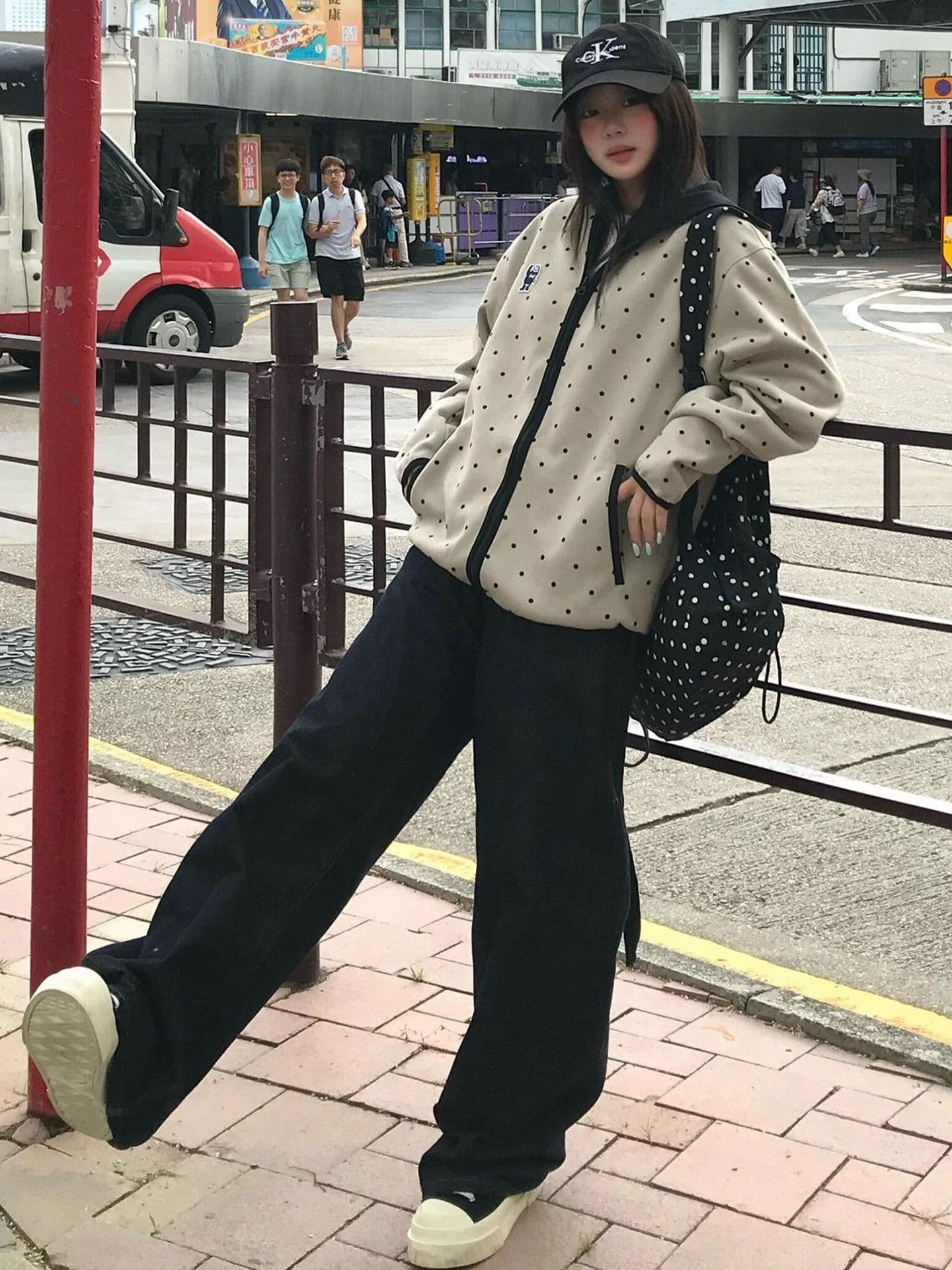 후아 면 복합 2026 도트 무늬 후드 오픈 가디건 남녀 명중 검은 색 테두리 자수 지퍼 후드티 재킷 이미지 4