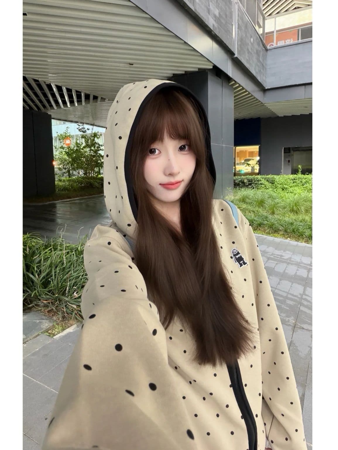 후아 면 복합 2026 도트 무늬 후드 오픈 가디건 남녀 명중 검은 색 테두리 자수 지퍼 후드티 재킷 상세 이미지 2