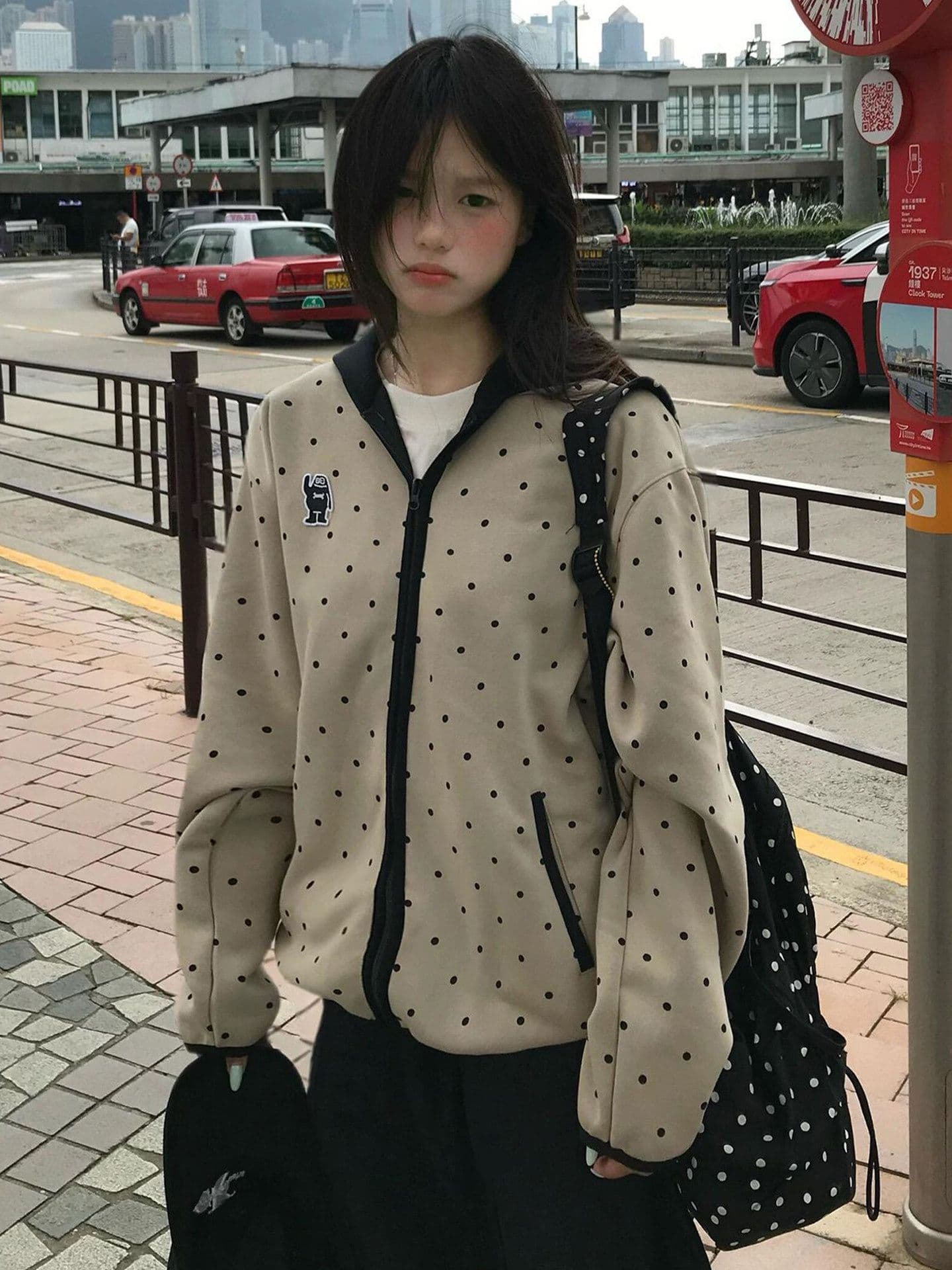 후아 면 복합 2026 도트 무늬 후드 오픈 가디건 남녀 명중 검은 색 테두리 자수 지퍼 후드티 재킷 상세 이미지 4