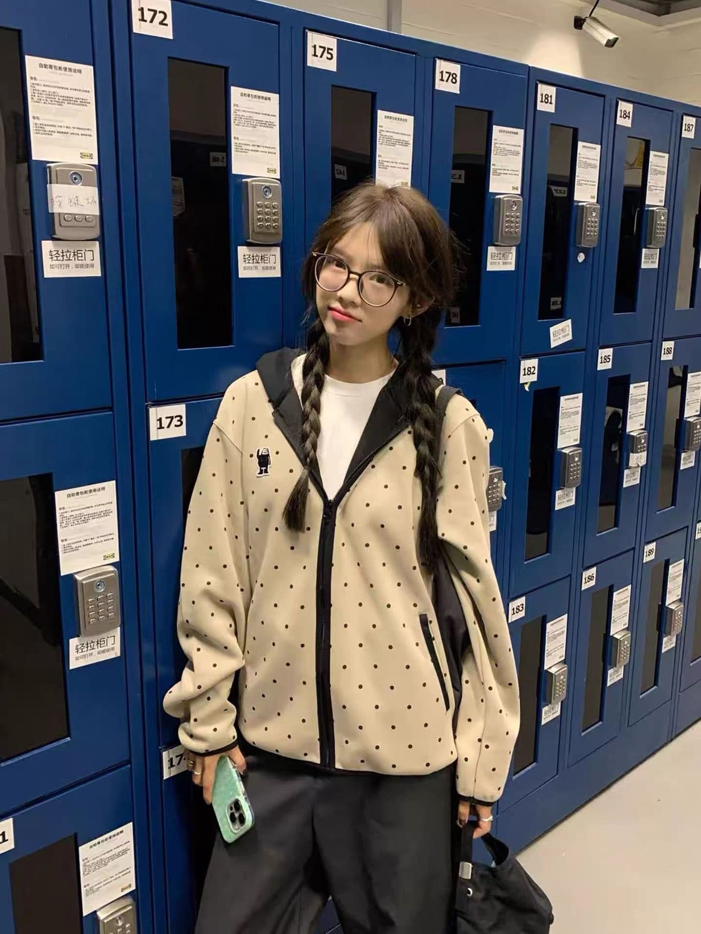후아 면 복합 2026 도트 무늬 후드 오픈 가디건 남녀 명중 검은 색 테두리 자수 지퍼 후드티 재킷