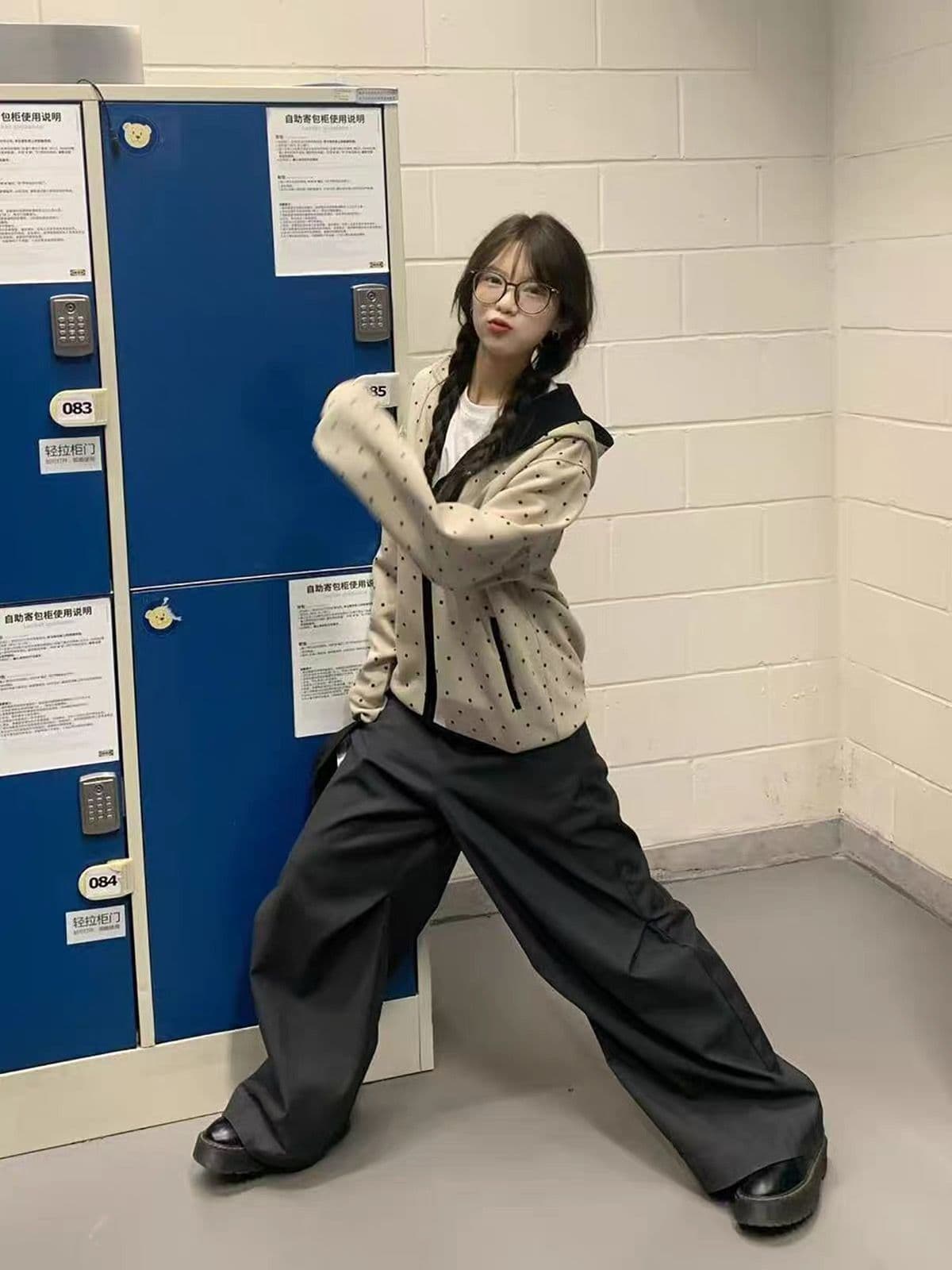후아 면 복합 2026 도트 무늬 후드 오픈 가디건 남녀 명중 검은 색 테두리 자수 지퍼 후드티 재킷 상세 이미지 5