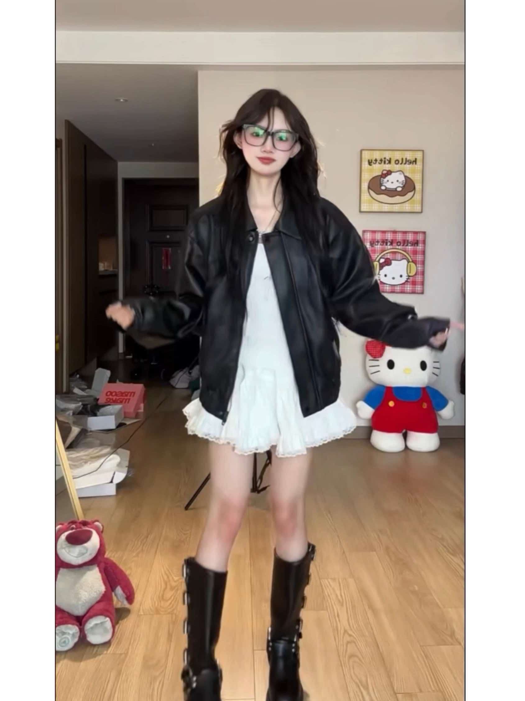 pu 가죽 검정색 가죽 재킷 여성 코트 새로운 레트로 루즈핏 차가운 바람의 소리 바람 오토바이 서비스 쇼트 스타일 재킷 맨위 상세 이미지 4