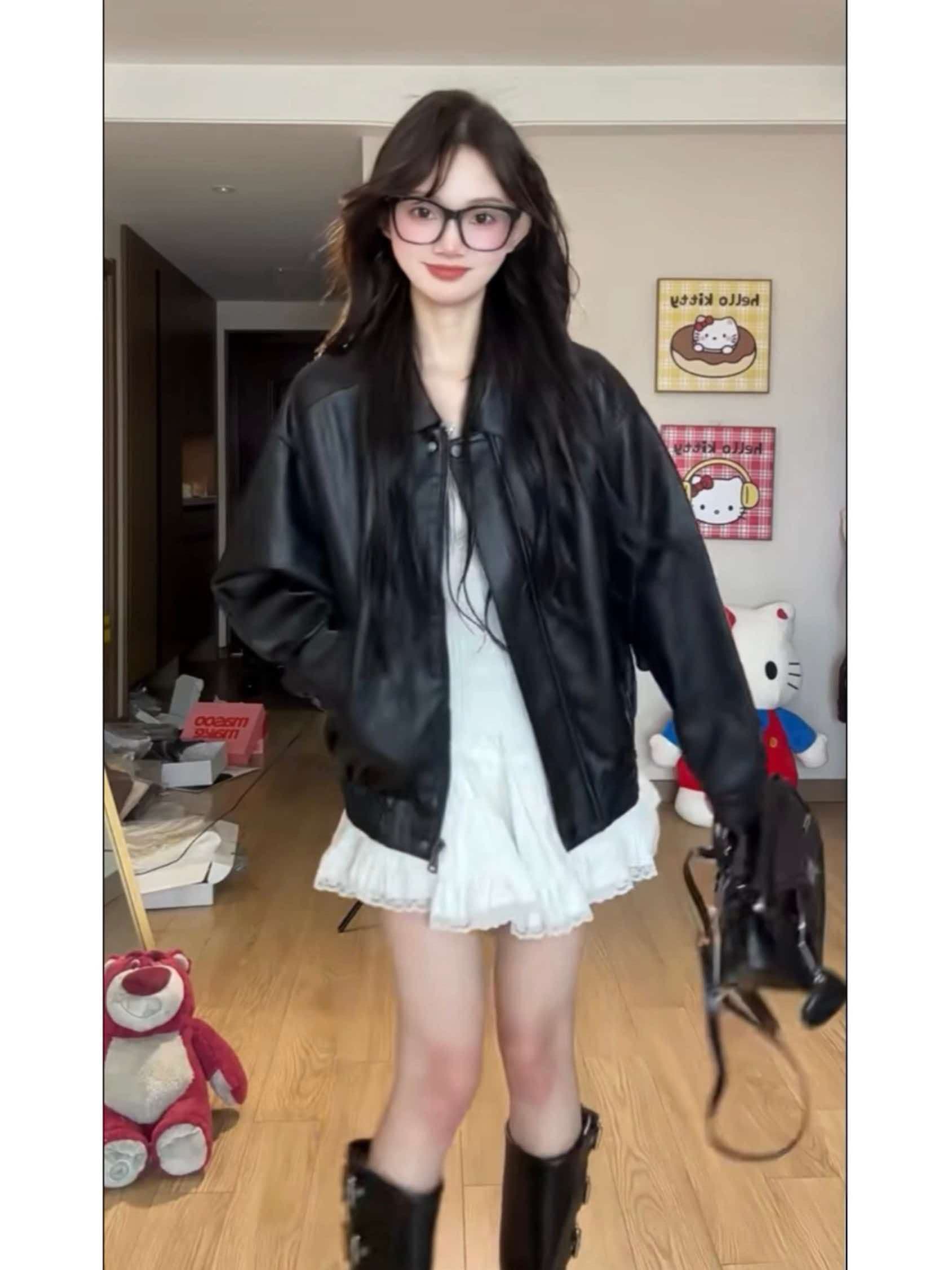 pu 가죽 검정색 가죽 재킷 여성 코트 새로운 레트로 루즈핏 차가운 바람의 소리 바람 오토바이 서비스 쇼트 스타일 재킷 맨위 상세 이미지 9