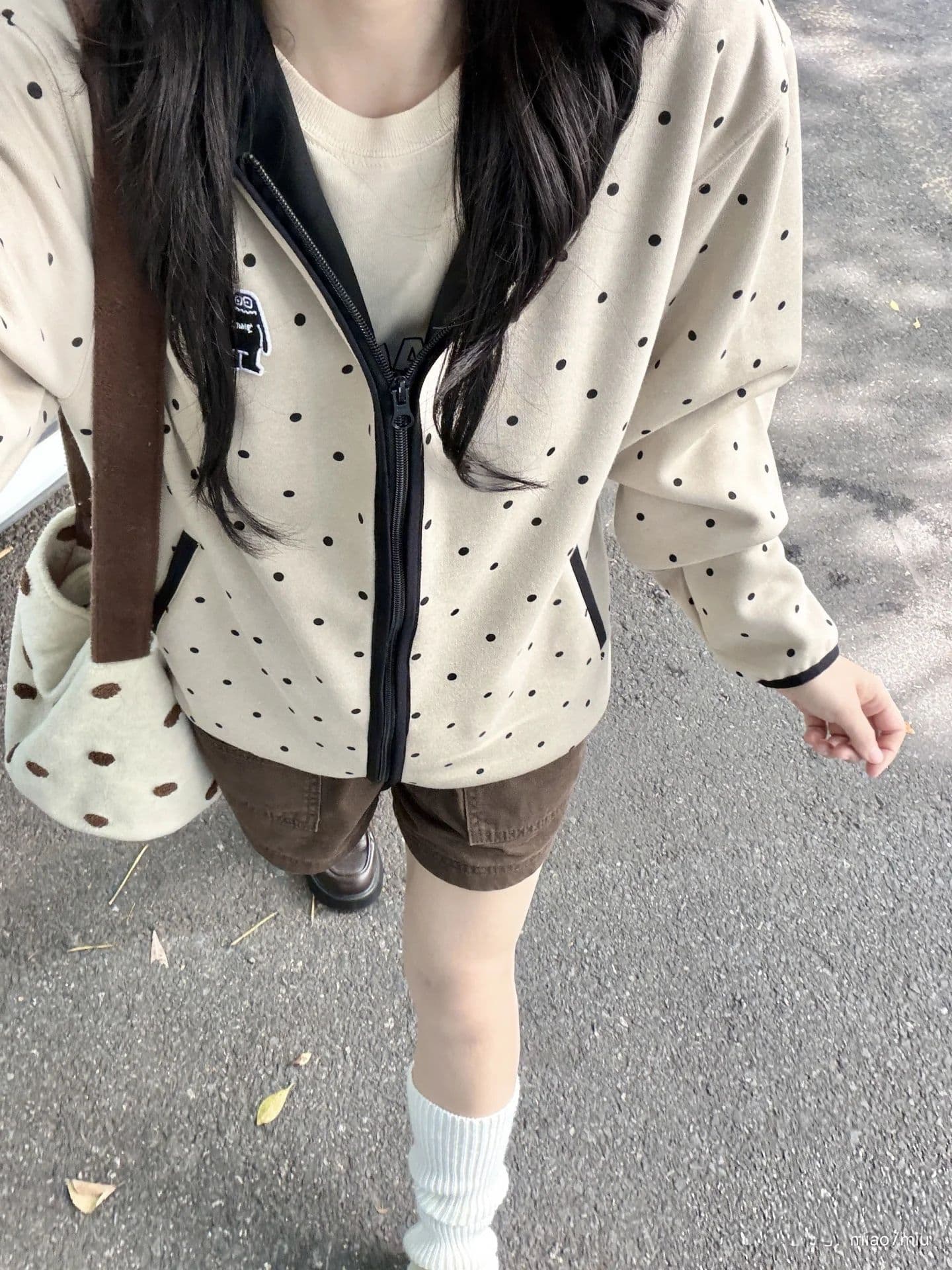 순수한 Mianhua 면 복합 원본 당겨서 측면 도트 무늬 후드 남녀 루즈핏 명중 검은 색 테두리 자수 후드티 재킷 이미지 2