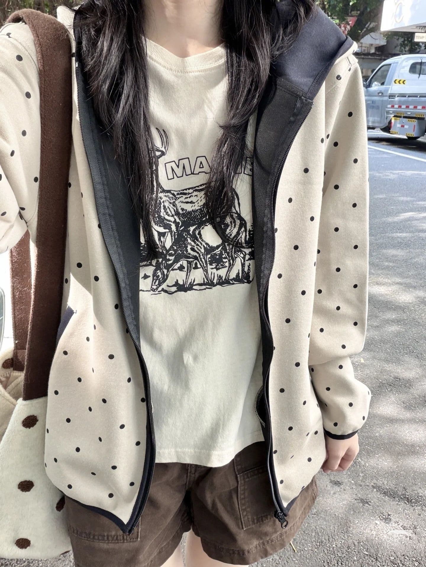 순수한 Mianhua 면 복합 원본 당겨서 측면 도트 무늬 후드 남녀 루즈핏 명중 검은 색 테두리 자수 후드티 재킷 상세 이미지 4
