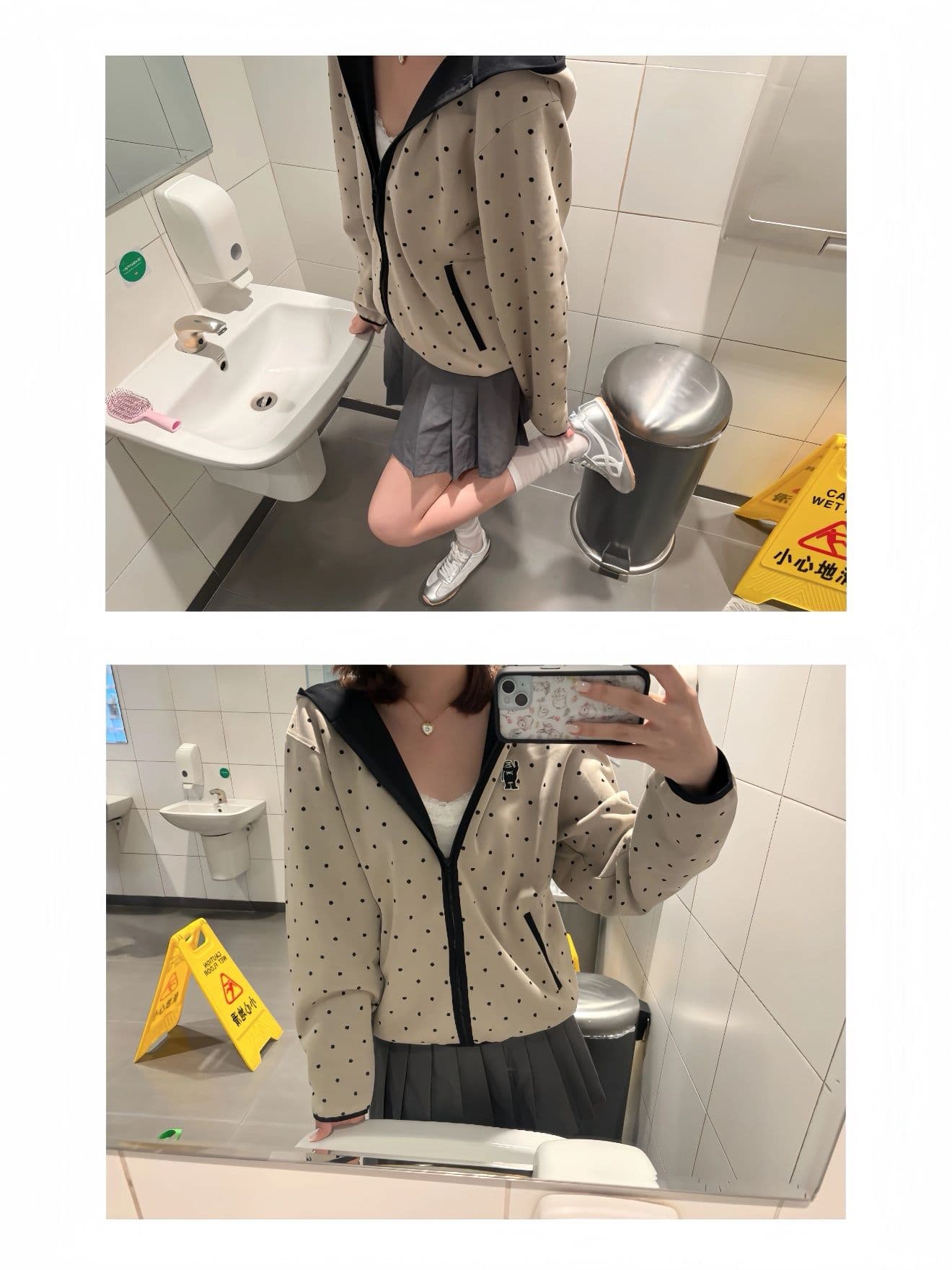 순수한 Mianhua 면 복합 원본 당겨서 측면 도트 무늬 후드 남녀 루즈핏 명중 검은 색 테두리 자수 후드티 재킷 상세 이미지 4