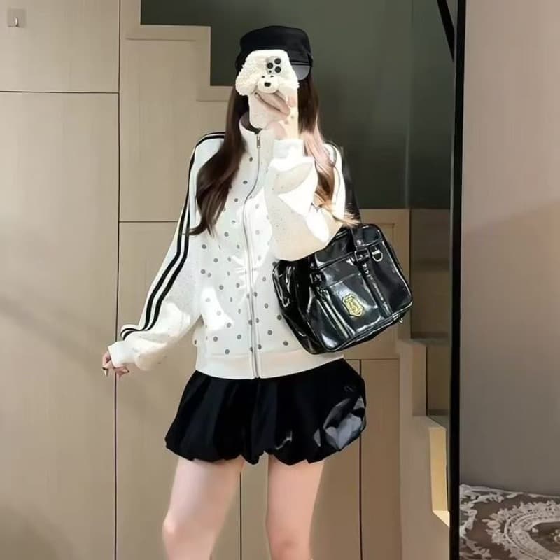 후아 면 복합 한 부서 도트 무늬 2026 가을 오픈 가디건 여자 스탠드 칼라 루즈핏 맨위 후드티 재킷 이미지 5