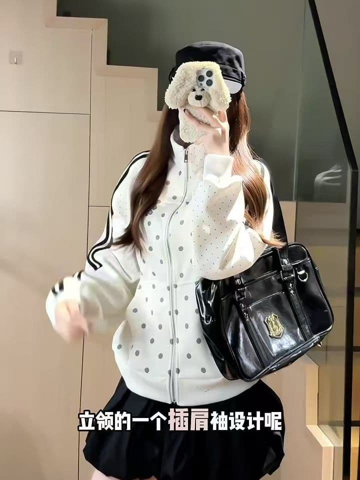 후아 면 복합 한 부서 도트 무늬 2026 가을 오픈 가디건 여자 스탠드 칼라 루즈핏 맨위 후드티 재킷 상세 이미지 4