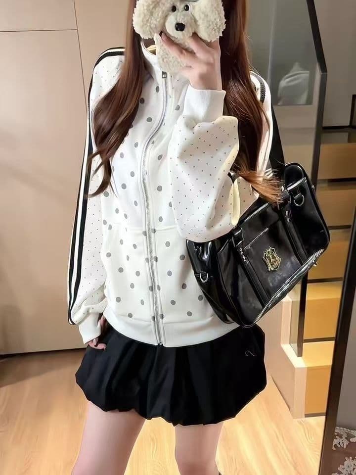 후아 면 복합 한 부서 도트 무늬 2026 가을 오픈 가디건 여자 스탠드 칼라 루즈핏 맨위 후드티 재킷 상세 이미지 5