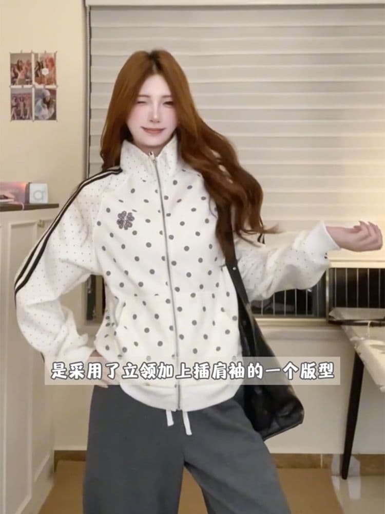 후아 면 복합 한 부서 도트 무늬 2026 가을 오픈 가디건 여자 스탠드 칼라 루즈핏 맨위 후드티 재킷 상세 이미지 4