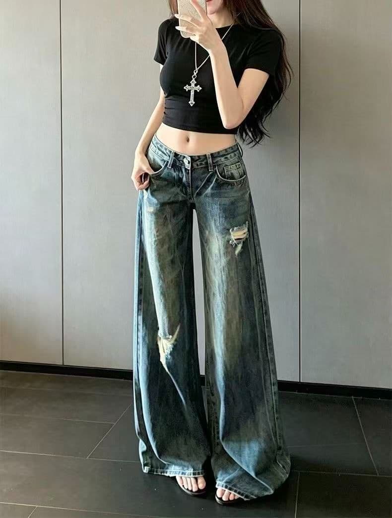 아메리칸 레트로 핫걸 청바지 여성 작은 대중 루즈핏 슬림해 보이는 스트레이트 넓은 다리 바닥 청소 바지