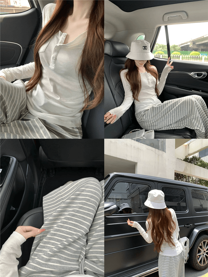 가을 겨울 새로운 편안함 폭탄 바지 게으른 바지 편안함 도루 센스 스트라이프 다용도 루즈핏 스트레이트 팬츠 이미지 3