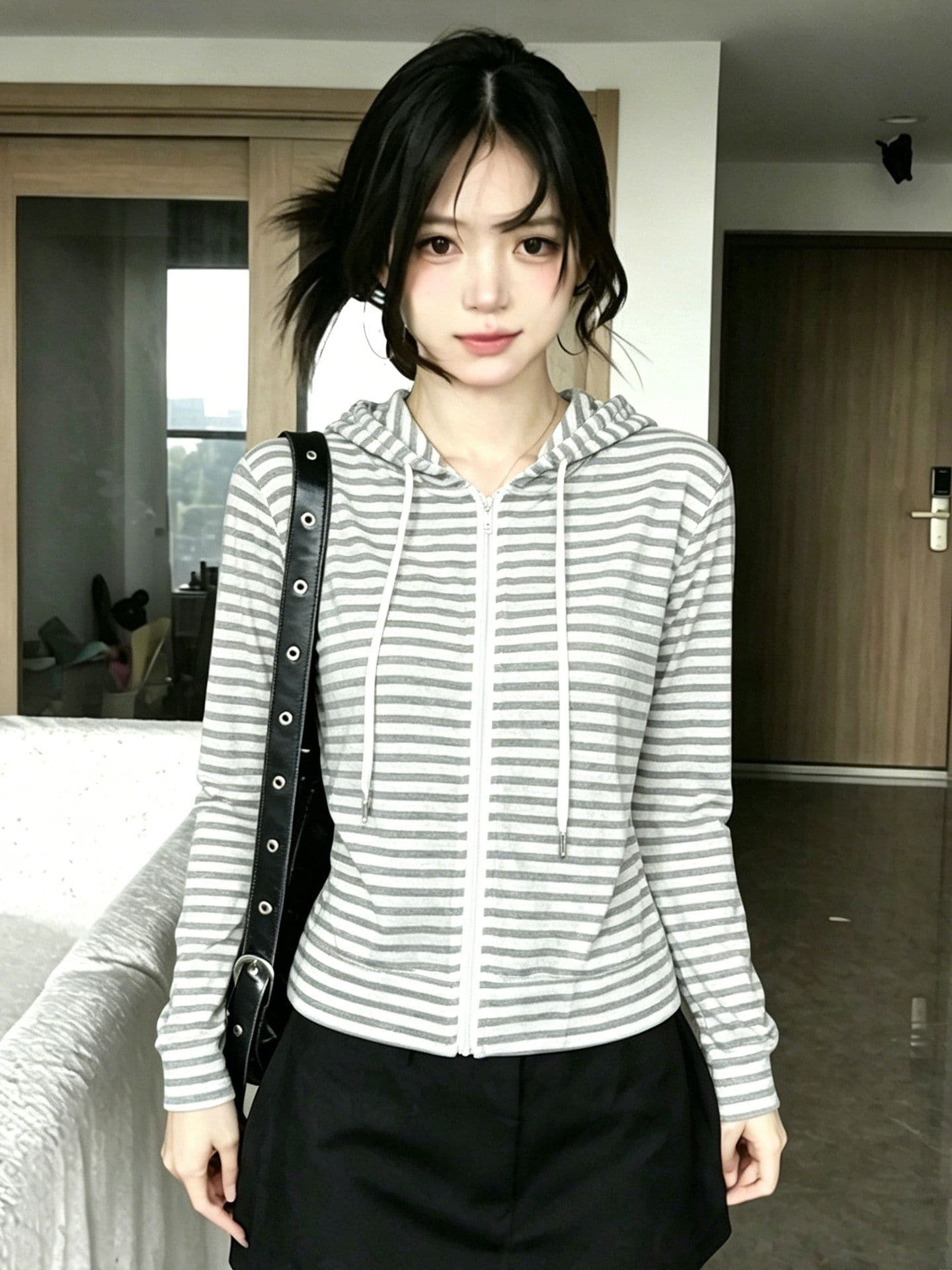 원본 로완 원단 한 부서 스트라이프 여성 코트 2026 몸매 가꾸기 느슨함 센스 후드 오픈 가디건 후드티