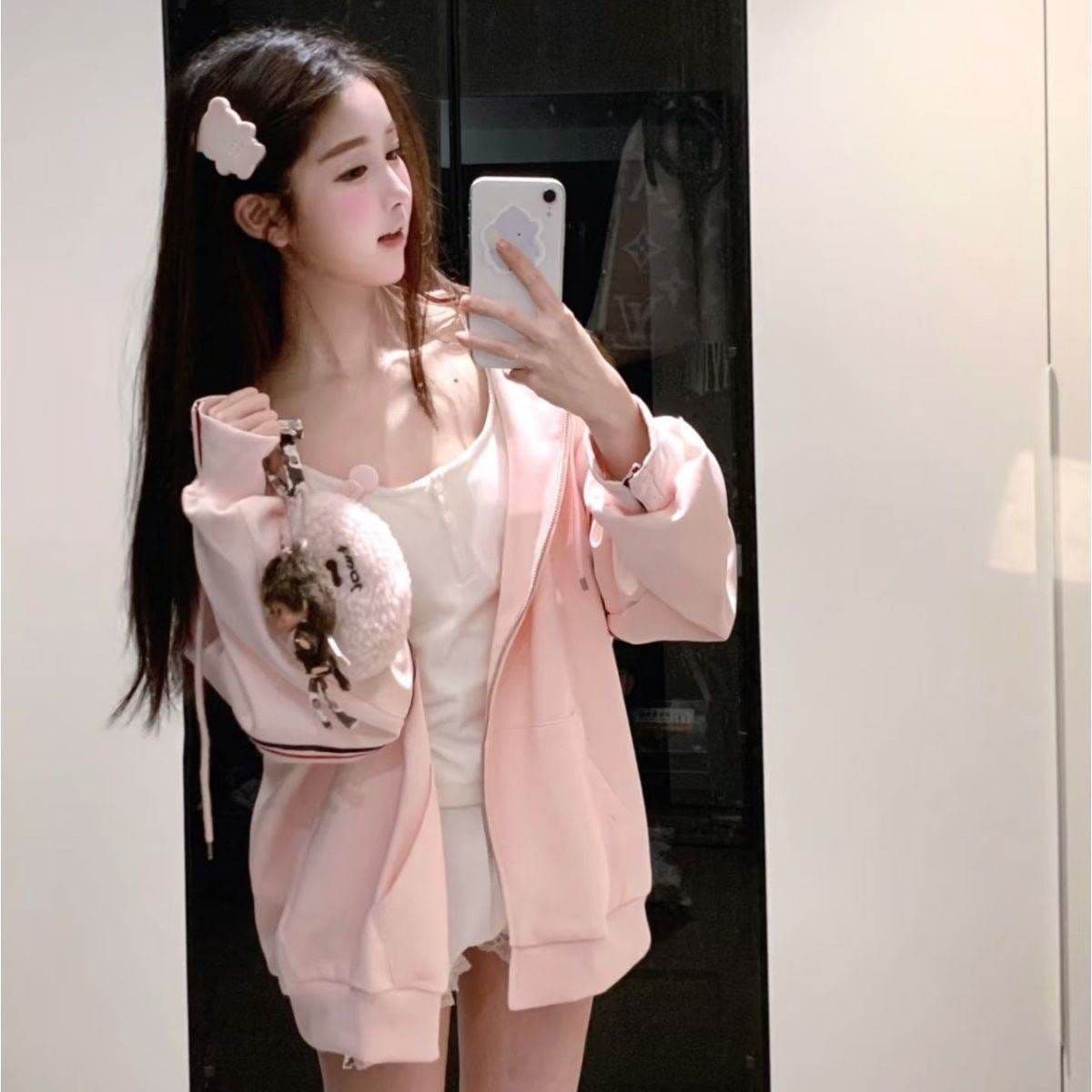 후아 면 복합 2026 삼색 스트라이프 후드 오픈 가디건 후드티 여성 봄 가을 루즈핏 지퍼 재킷 상세 이미지 11